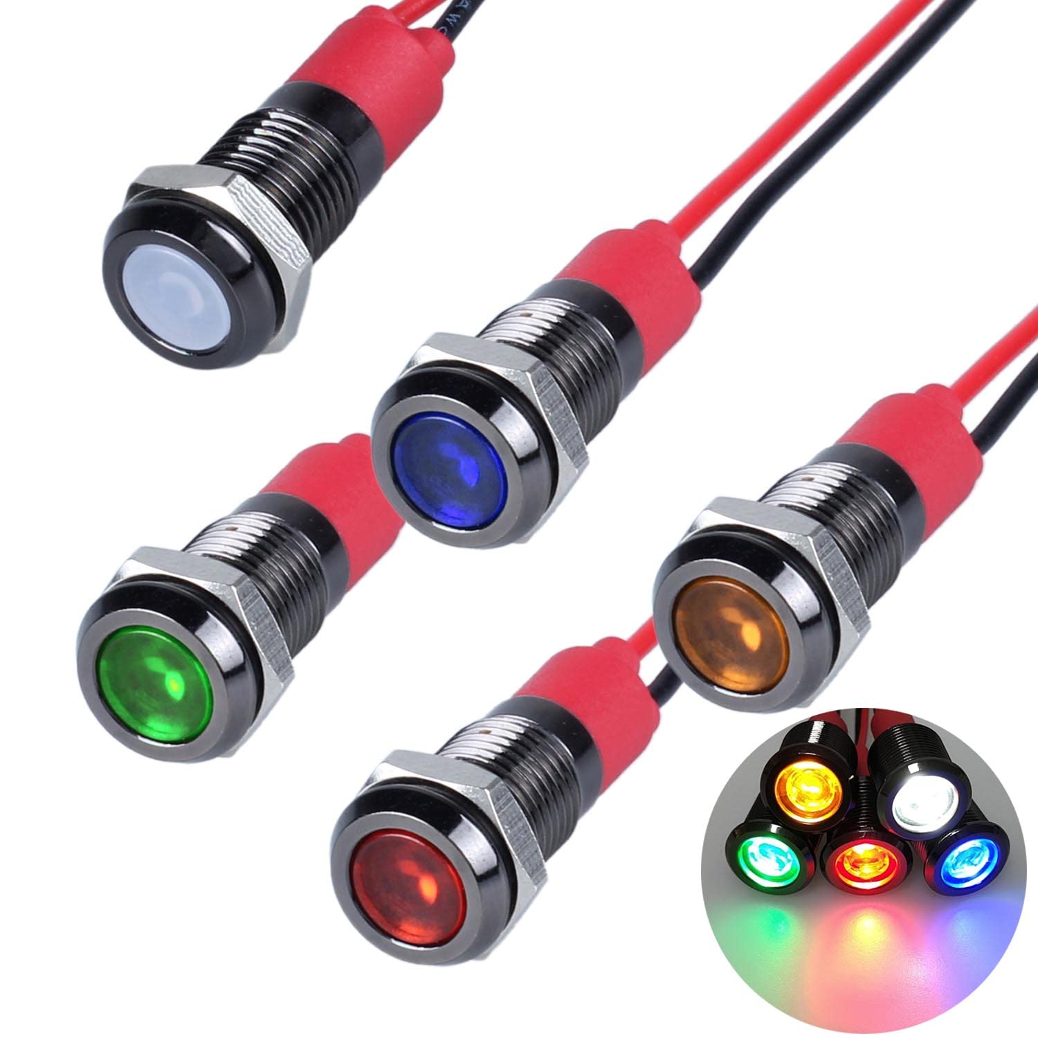 Dmwd 5 Pcs 12V-24V 20Ma Energy Saving Led Indicator Light Aluminium Alloy Housing 8Mm (1/3'') Mounting Hole Waterproof With 15Cm