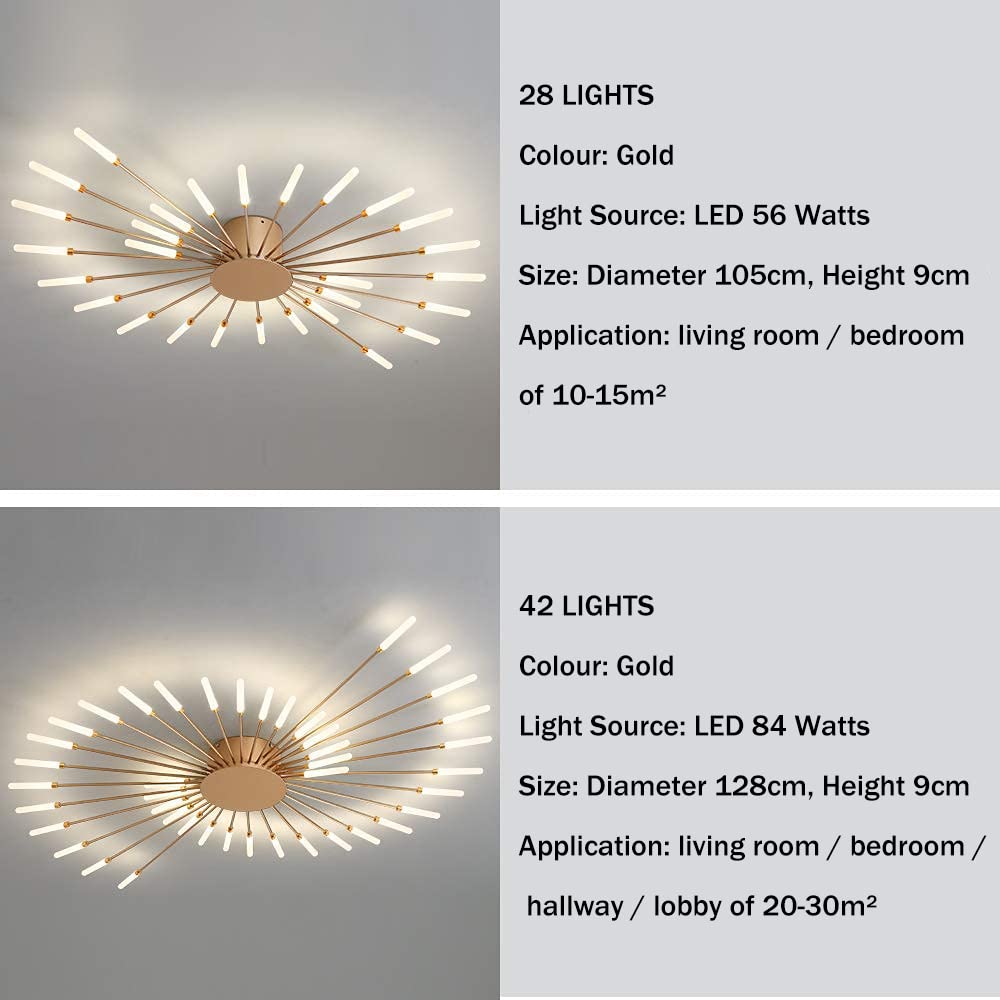 Jaymp Ceiling Light Modern Flower Shape Ceiling Lamp For Living Room Dining Room Flush Mount Metal Acrylic Sputnik Firework Petal Led Lighting Fixture (Matte Gold, 42 Lights)