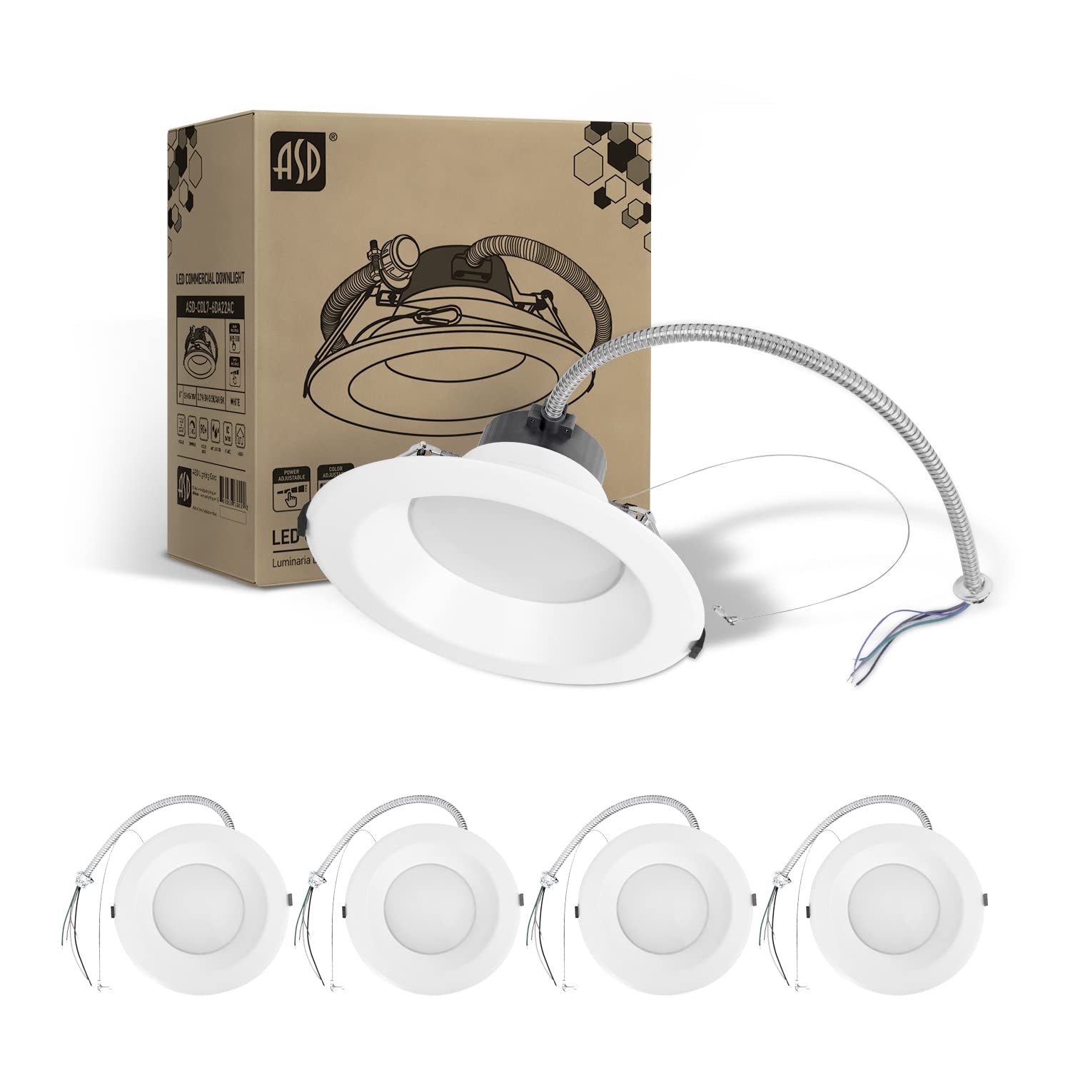 Asd 6 Inch Commercial Canless Led Downlight  Power Adjustable 10/15/22W Lighting  Dimmable Recessed Ceiling Light Fixture  5 Color Temperatures 2700K-5000K  120-277V Ic Rated Ul & Energy Star 4 Pack