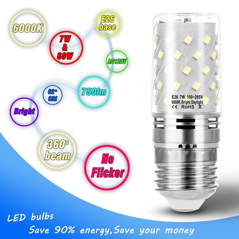 Heifymi E26 60 Watt Replacement Led Candelabra Corn Bulbs, E26 7W 6000K Bright Daylight White Led Ceiling Fan Bulbs 750Lm, E26 B