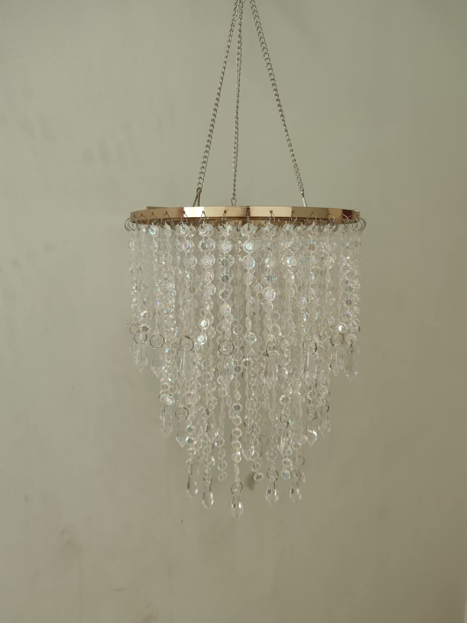 Flavorthings 3-Tier Acrylic Chandelier Shade With Crystal Beads And Gold Frame - Elegant Ceiling Light Pendant For Bedroom, Wedd