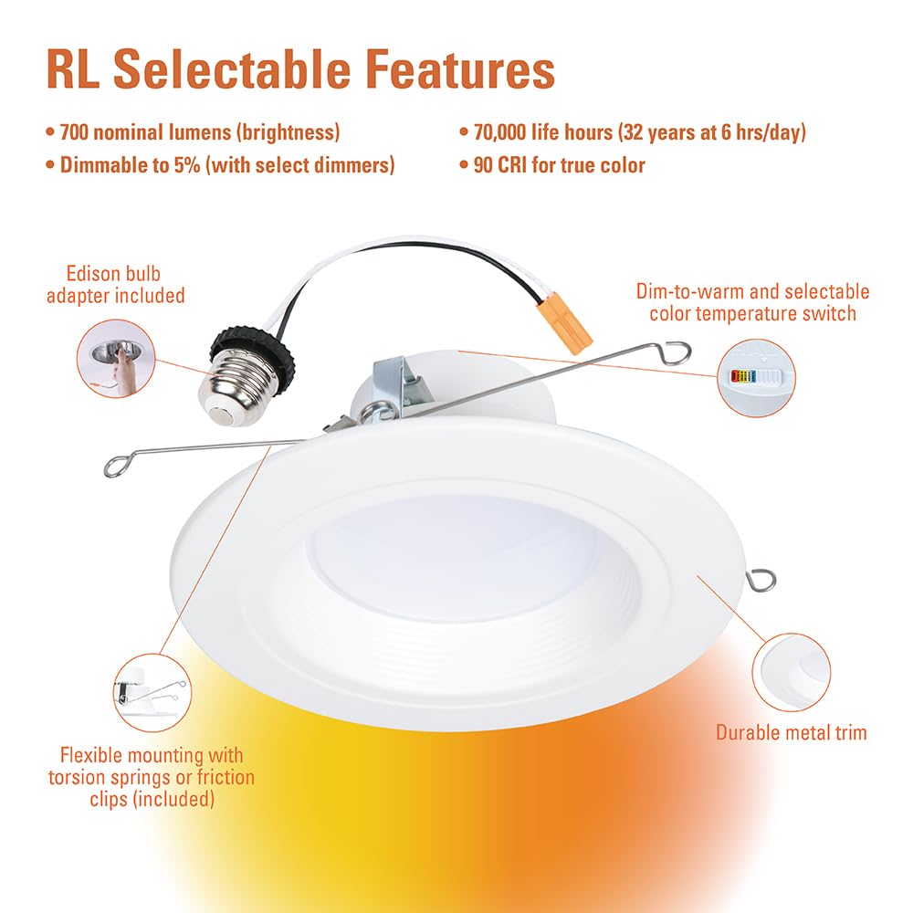 Halo Rl Series 5/6 Inch Recessed Led Retrofit Light, Selectable Cct (2700K-5000K) Integrated Led, Dim To Warm, White Retrofit Ba