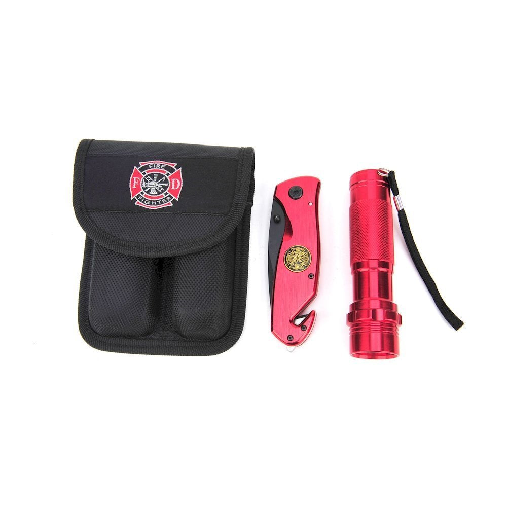 BarTech Pro Survival cutting tool and Flashlight Set - 3.5in cutting edge, LED Light, Red Finish, Model FFKFCOM, Black Nylon Case