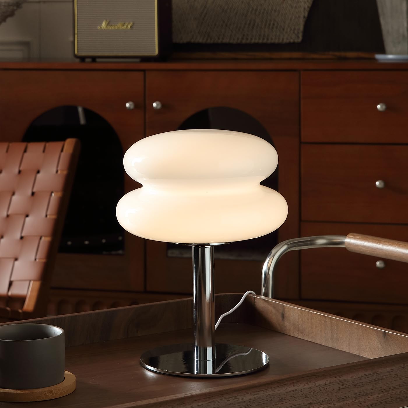 Glivpny Mid Century Modern Dimmable Bedside Table Lamp, Small Glass, White, Model HB003