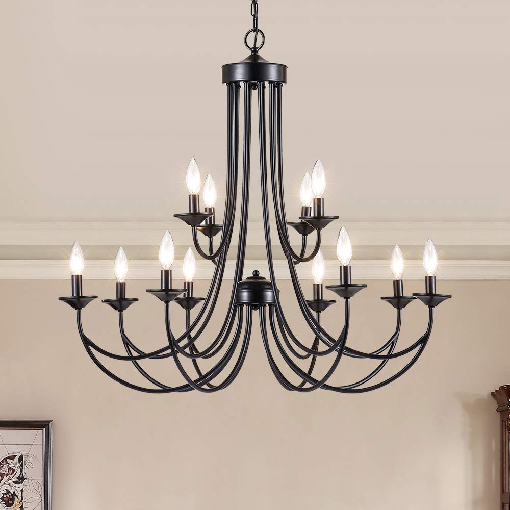 Maxax 12-Light Farmhouse Candle Chandelier, Rustic Black Wrought Iron Pendant Light For Living Room
