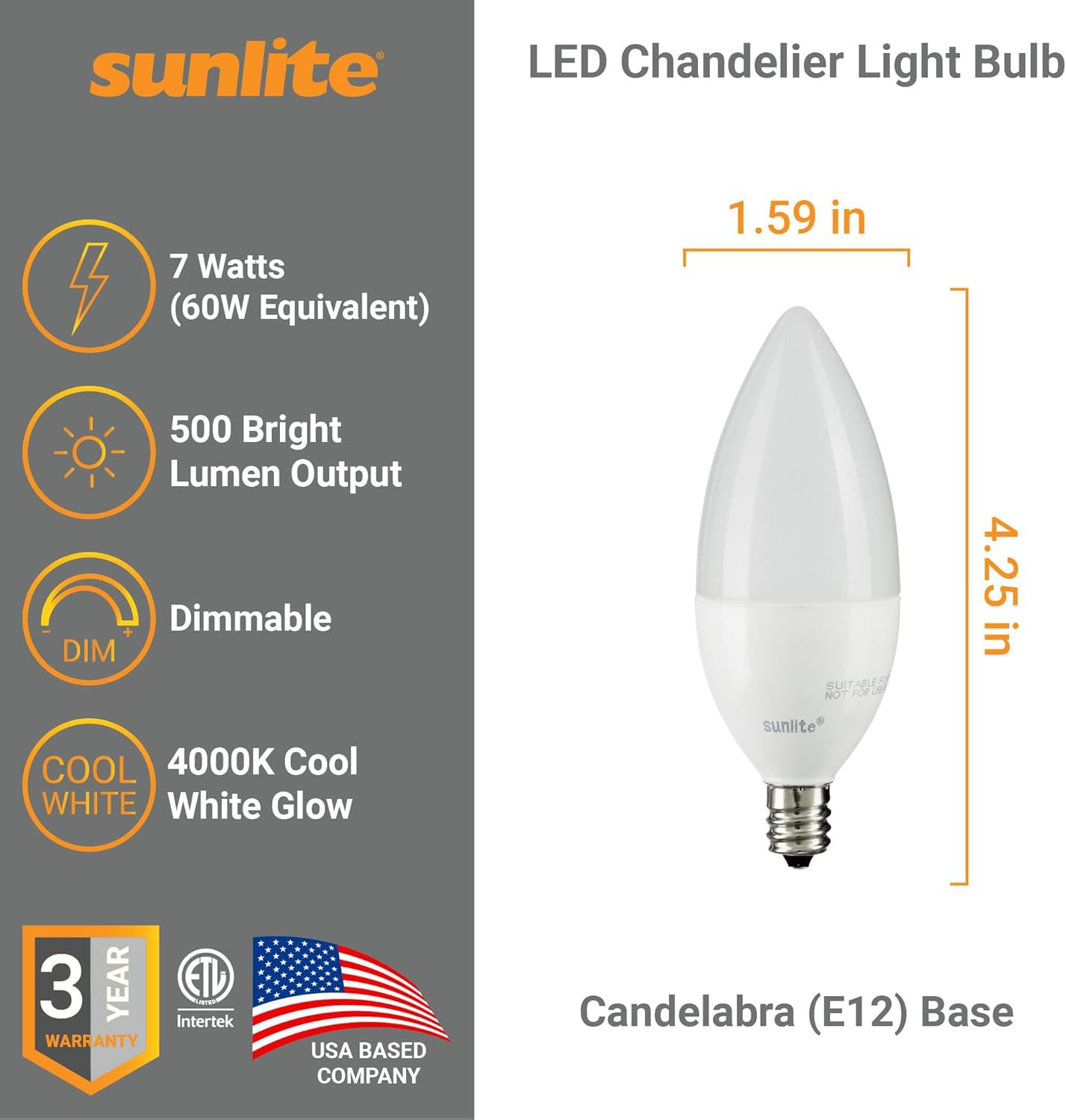 Sunlite Led B13 Decorative Chandelier Light Bulb, 7 Watts (60W=), 500 Lumens, 120 Volts, Dimmable, E12 Candelabra Base, Type B,