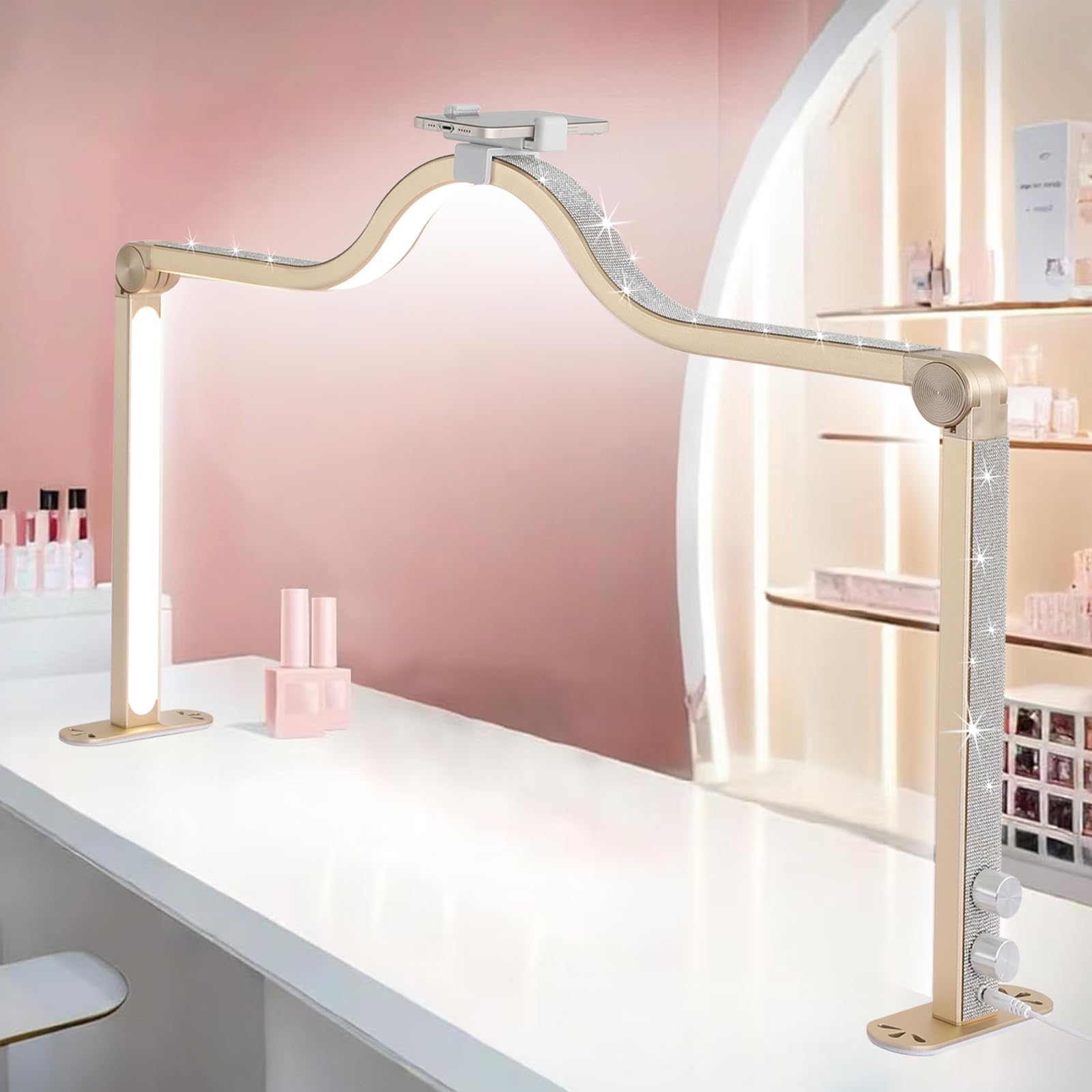 Afatnao Nail Tech Lamp - 34in Foldable Large LED Manicure Light, 3 Modes, Aluminum, Gold, Model TJL-HM