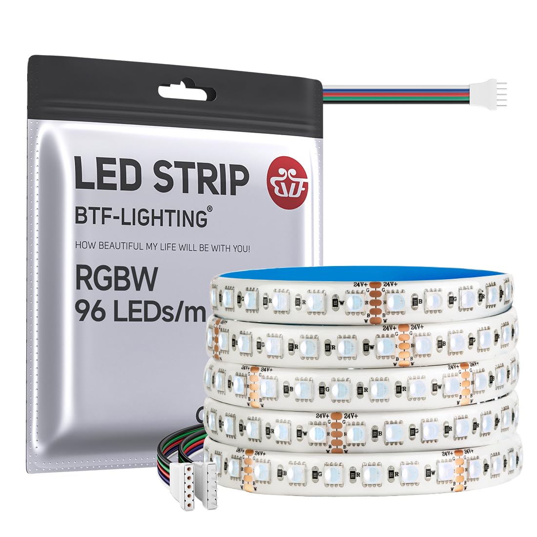 BTF-LIGHTING 5050 RGBW LED Tape Lights, 5m, IP65 Waterproof, White PCB, RGB+Cool White, Model 24VRGBCW45M505096