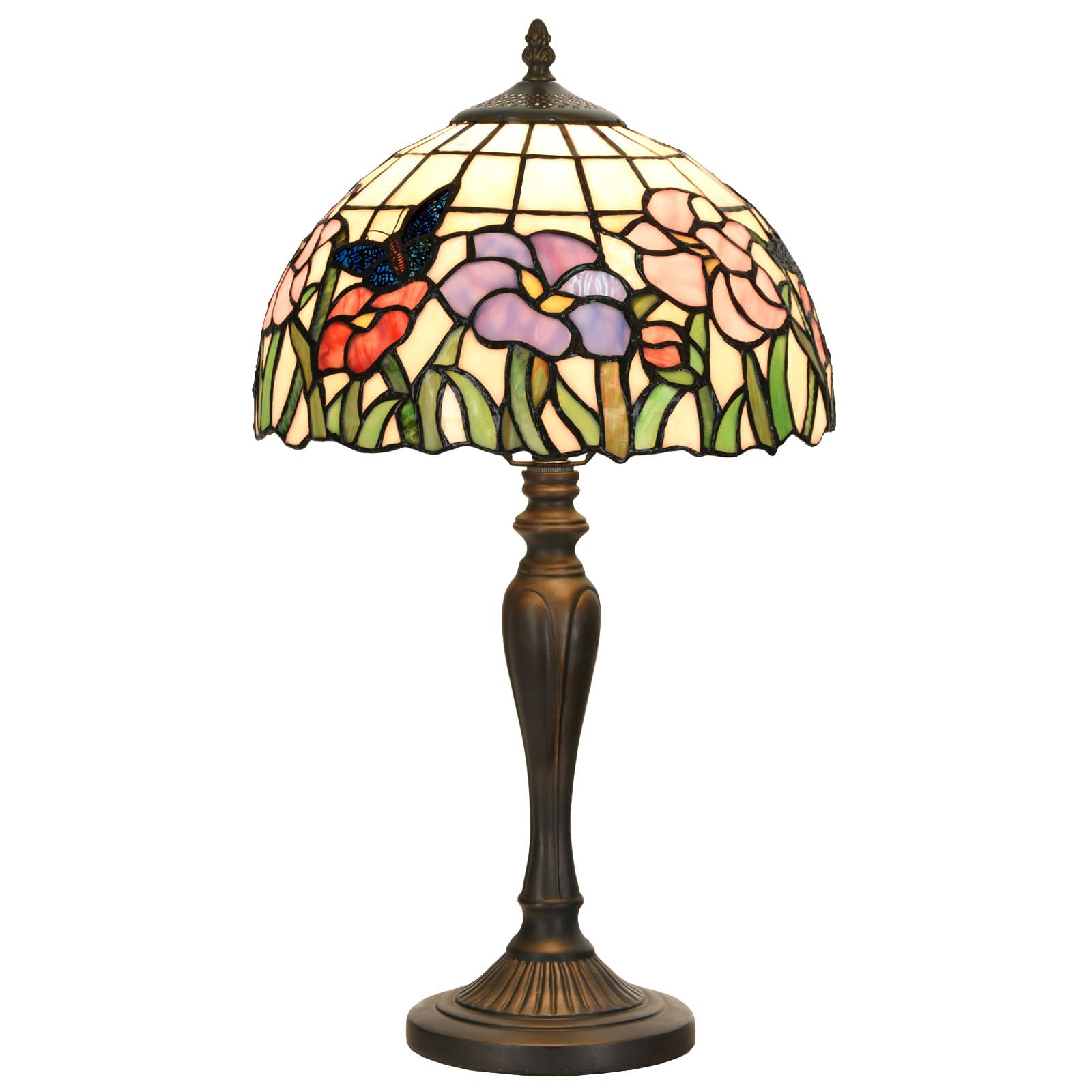 HomeBeauty Tiffany Table Lamp Bedside Stained Glass Lamp Flowers Butterfly Design Reading Desk Light 12X21.5 Inches for Bedroom 