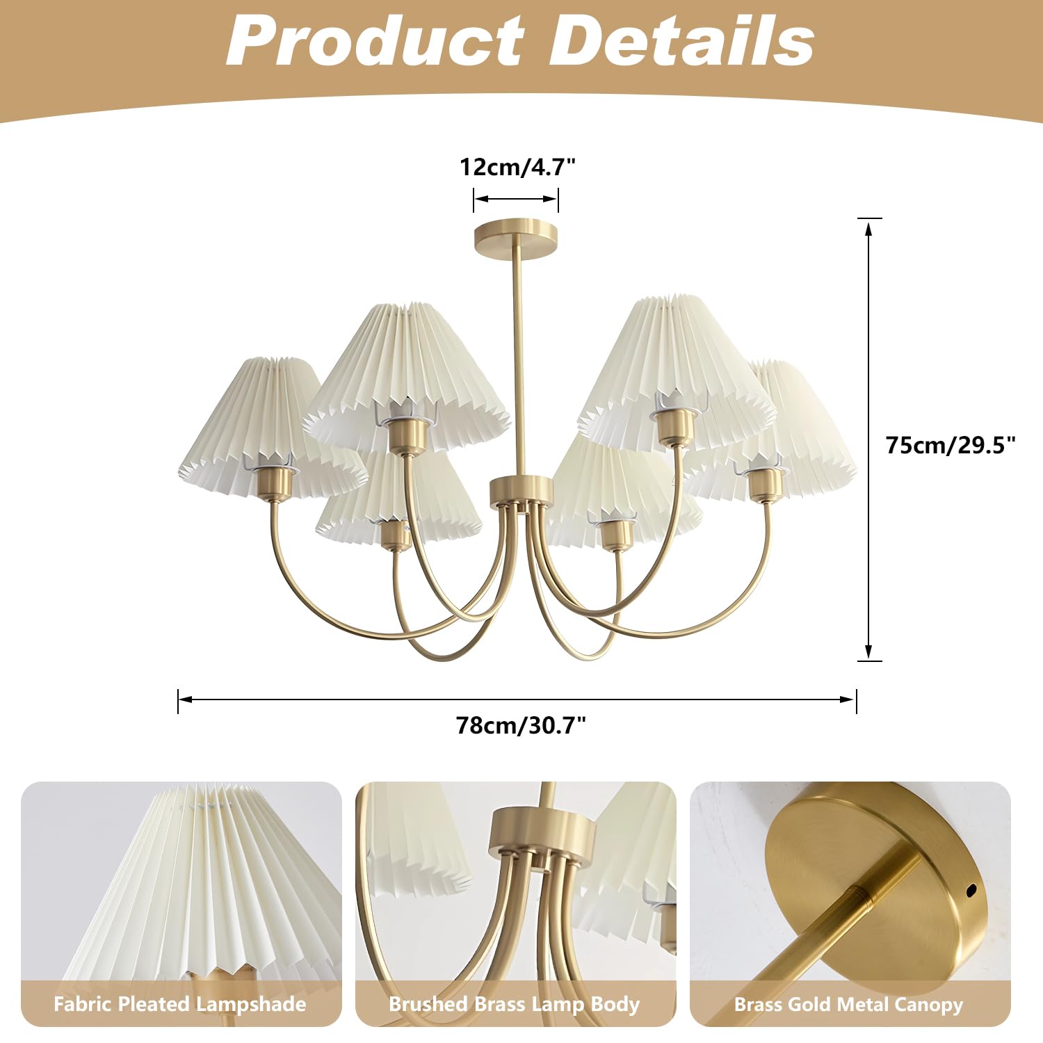 Kco Lighting Vintage Wrinkled Chandelier White Pleated Fabric Pendant Light Modern Gold Sputnik Chandelier 6-Lights Flush Mount