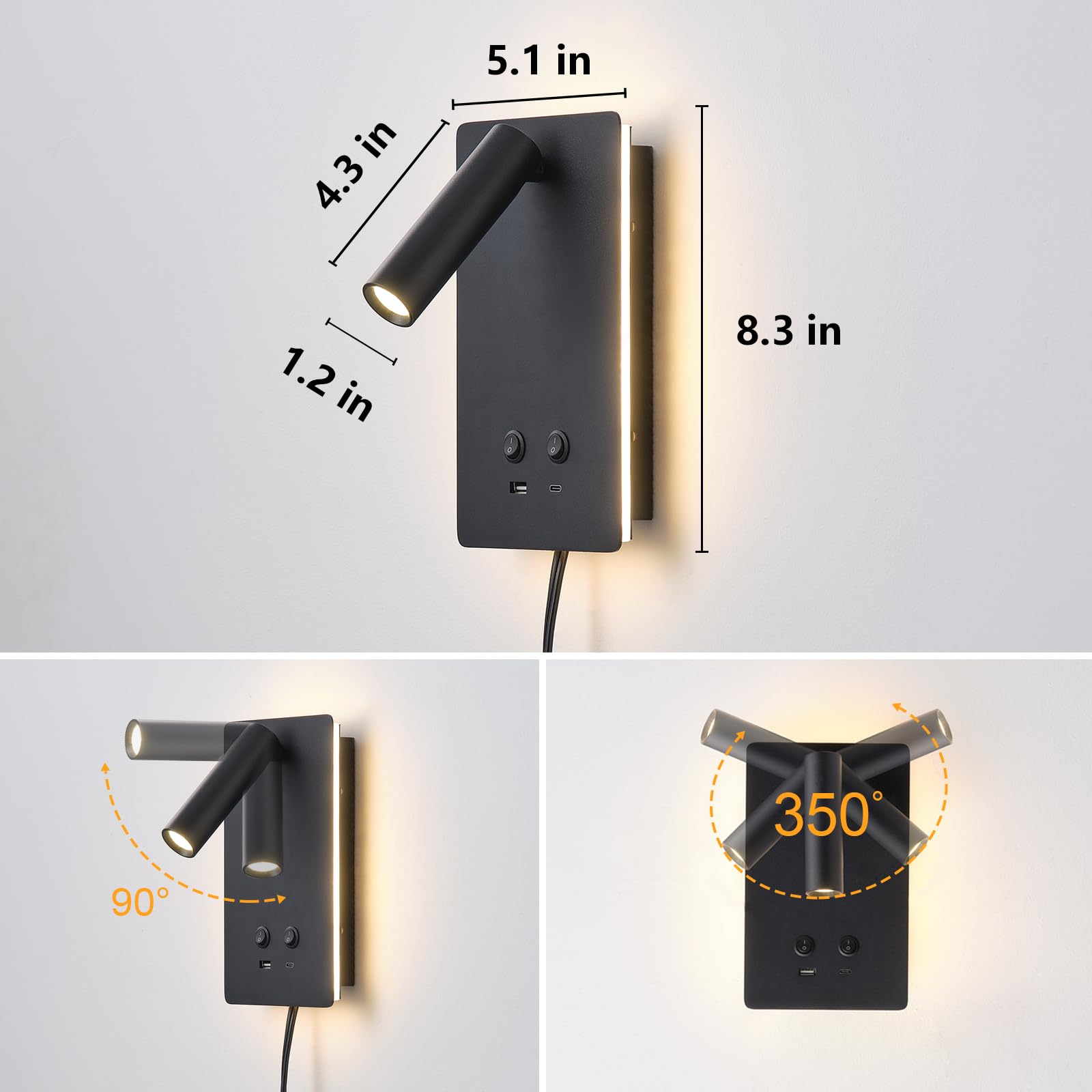 MOLUOLA LED Wall Mounted Reading Lights, Dimmable 3 Brightness, USB C+A Ports, Black, 2 Pack, Aluminum, Model S07G