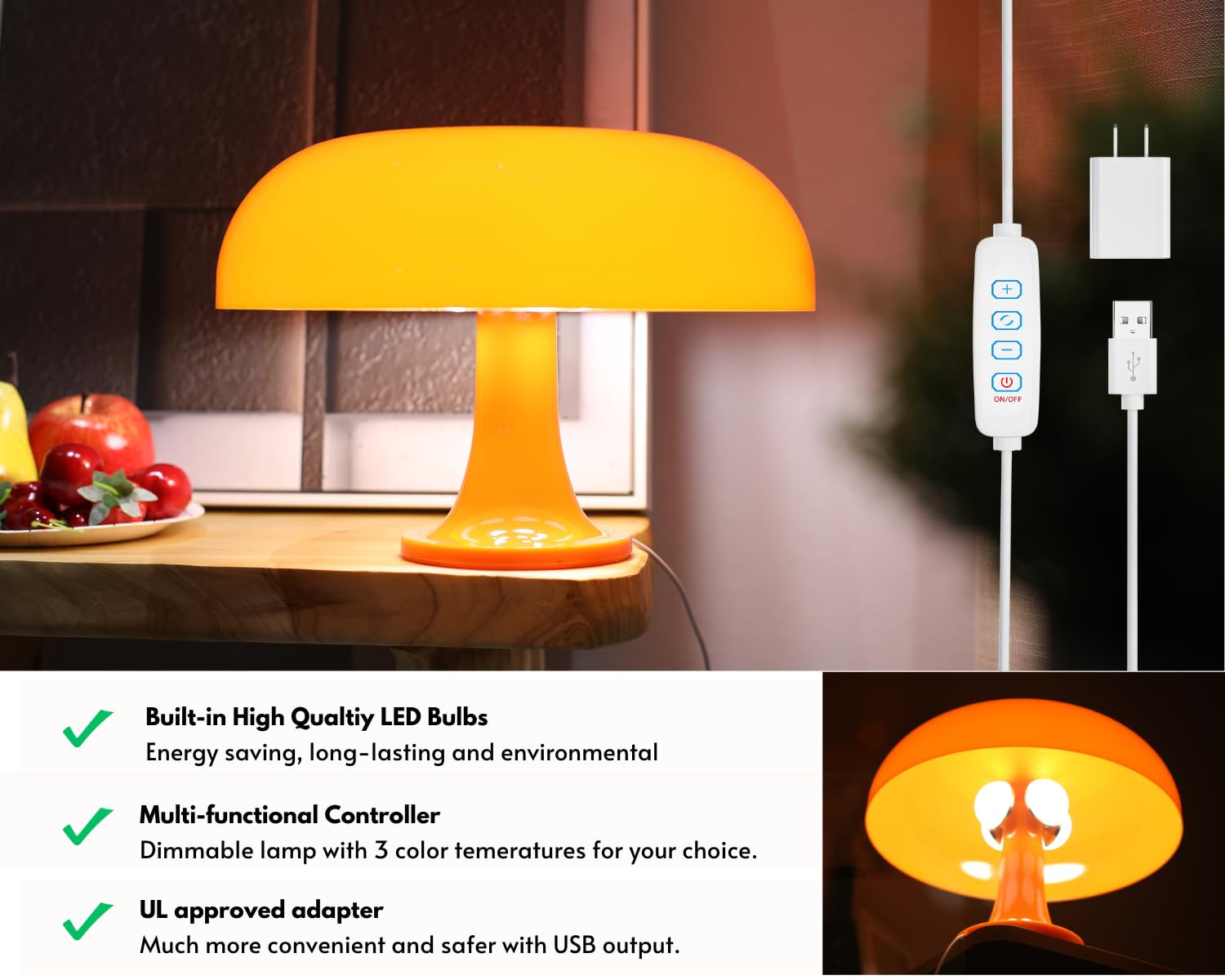 Uehict Orange Mushroom Lamp, Dimmable Donut Lamp With 3 Lighting Modes, 70S Retro Mid Century Modern Lamp, Mushroom Table Lamp For Bedroom Living Room, Home Decor Aesthetic Lamp, Cool Lamp Gift Idea