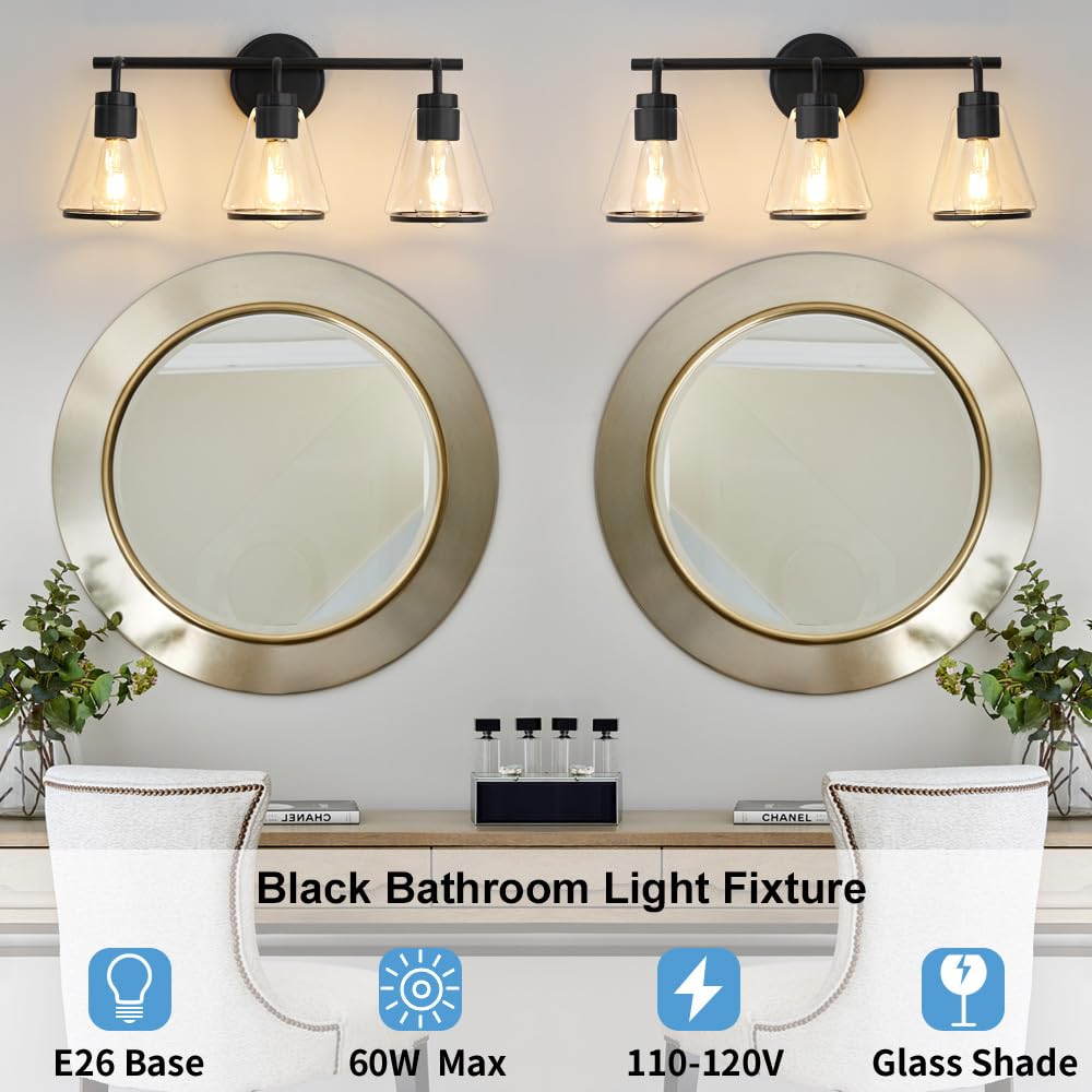NADOSA 3-Light Black Bathroom Vanity Light Fixtures with Clear Glass Shade, Model NADOSA-37771, Modern Over Mirror Lighting