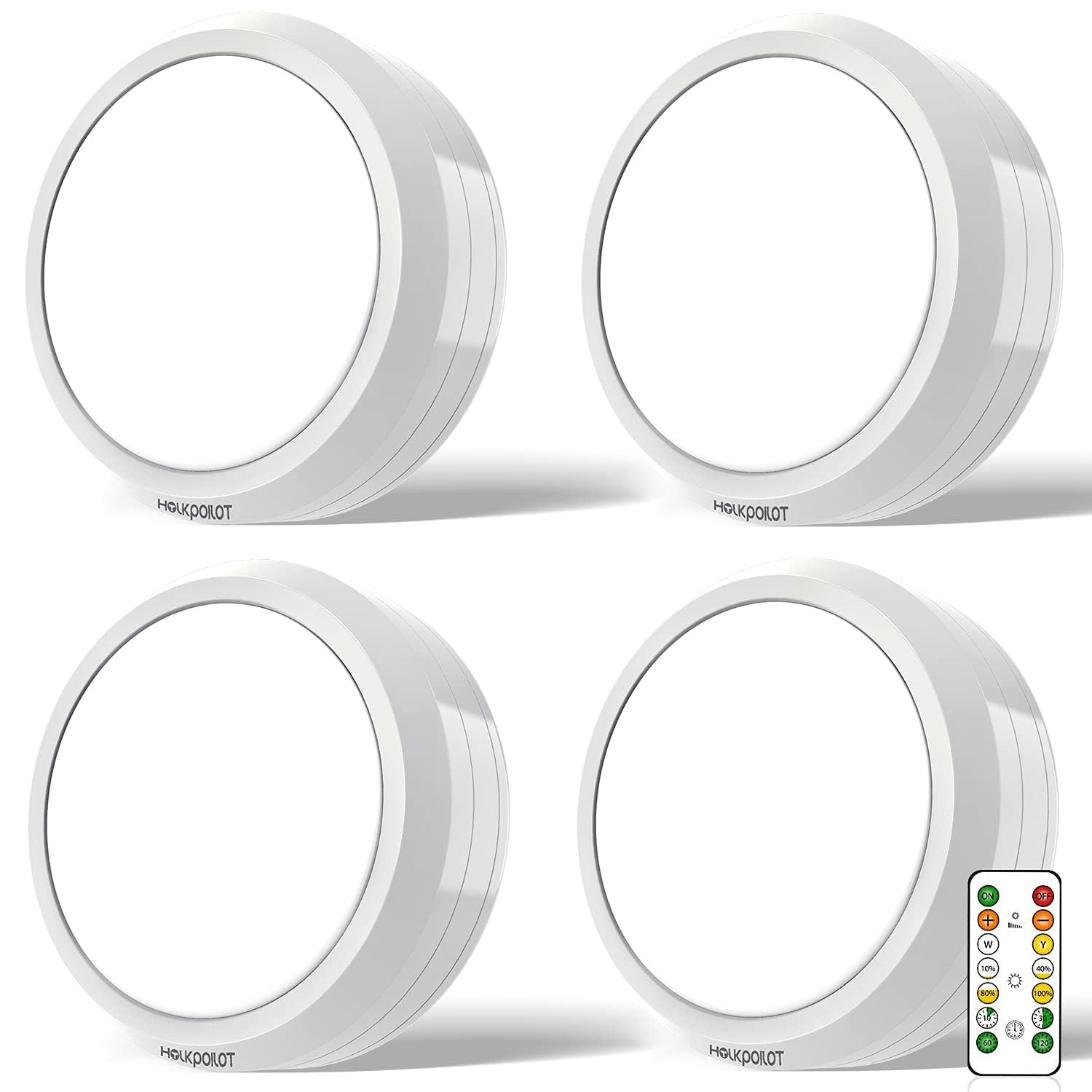 HOLKPOILOT Puck Lights, Remote Control, Battery Operated, 4 Pack, Wireless Stick On Lights, White