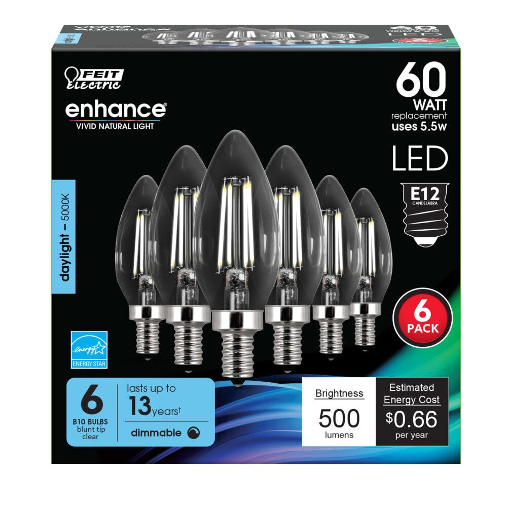 Feit Electric Candelabra LED Light Bulb, 60W Equivalent, Dimmable, E12 Base, 5000K Daylight, 6-Pack, Model CTC60/950