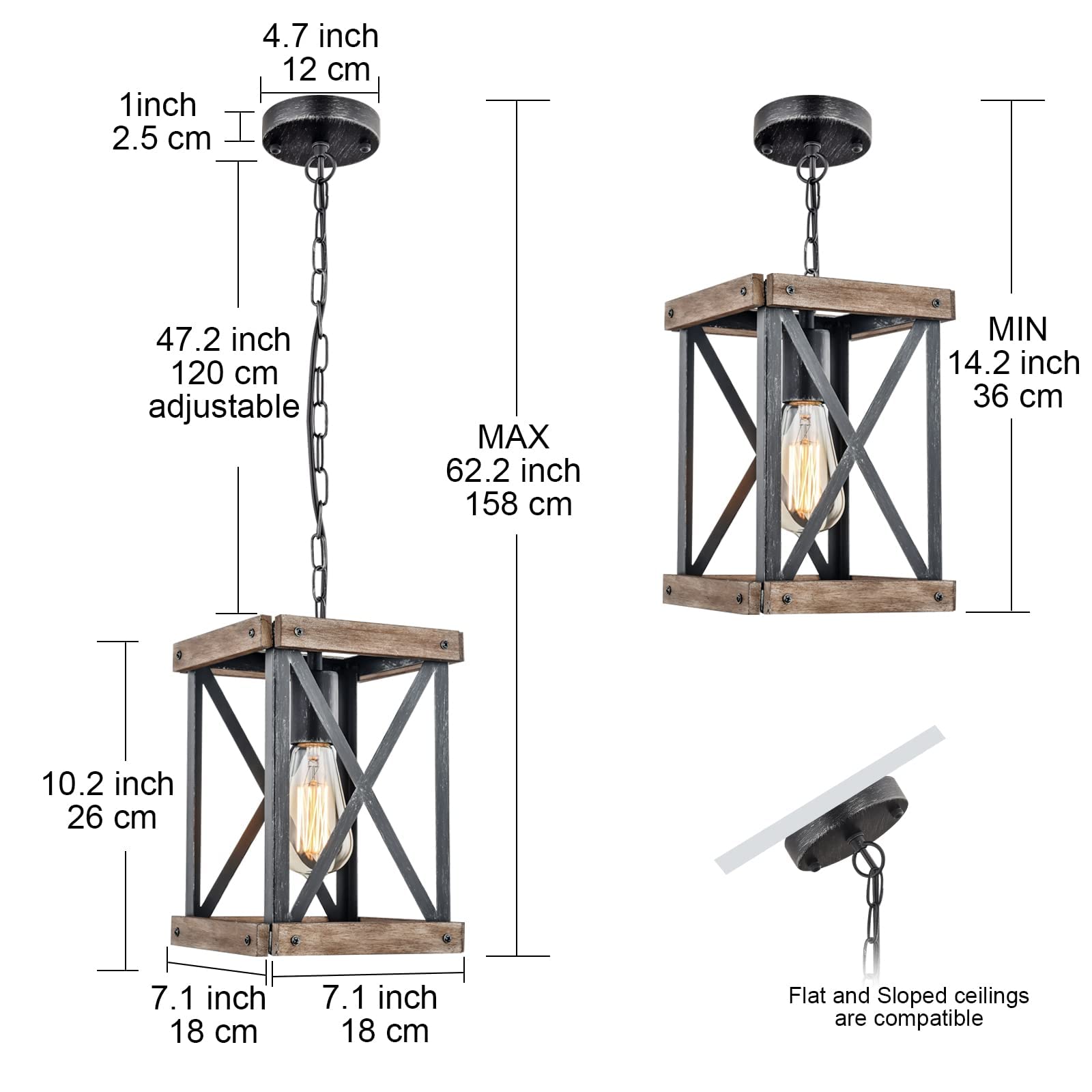 Wochos Farmhouse Pendant Light, Adjustable Metal And Wood Chandelier Light Fixture, Rustic Pendant Lighting For Kitchen Island, Bedroom, Dining Room And Entryway (Brown), 2 Pack