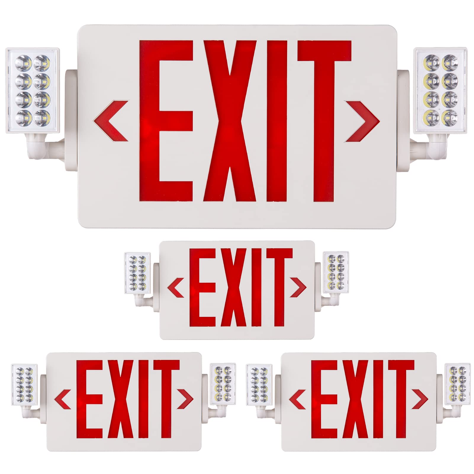EXITLUX 4 Packs Red Exit Sign-120-277V Double Face UL Listed-LED Combo Emergency Light with Adjustable Two Head and Backup Batte
