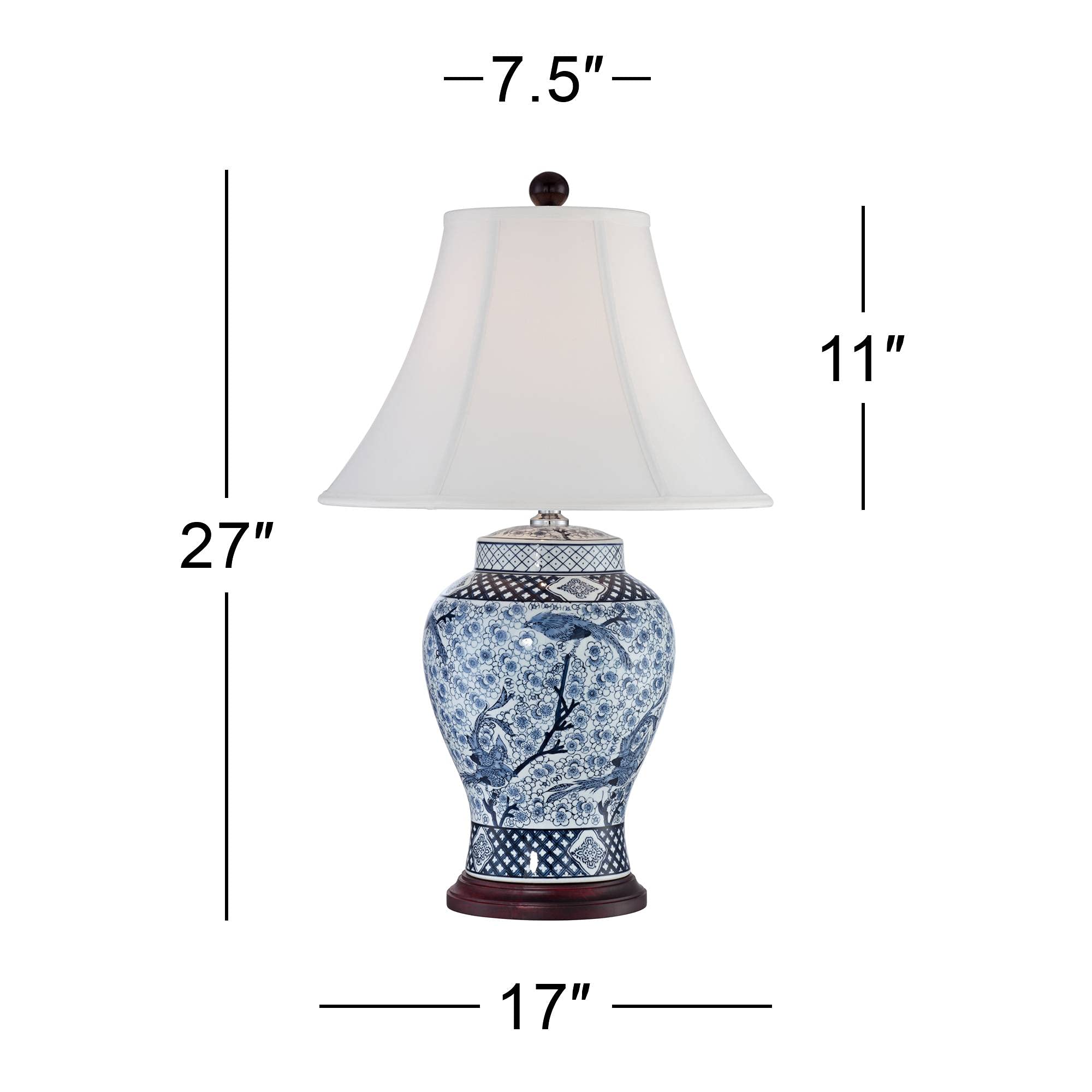 Barnes and Ivy 27" Tall Asian Ginger Jar Table Lamp - Blue White Porcelain with Bird and Branch Bell Shade for Living Room Bedroom Nightstand