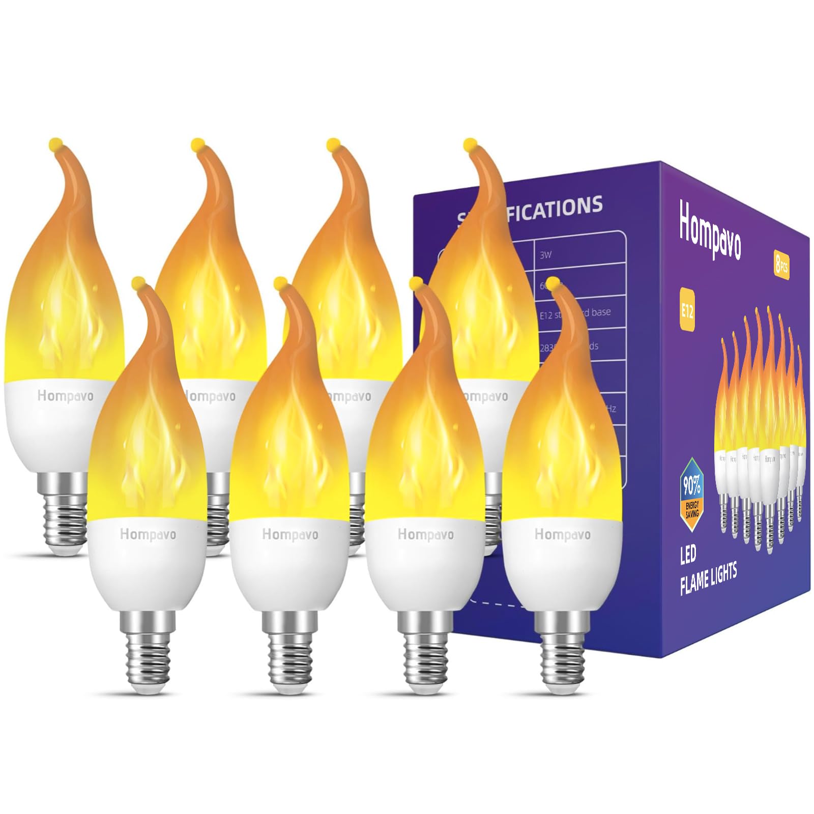 Hompavo Led Flame Light Bulbs, 3 Modes, E12 Chandelier Base, 8 Pack For Halloween & Christmas