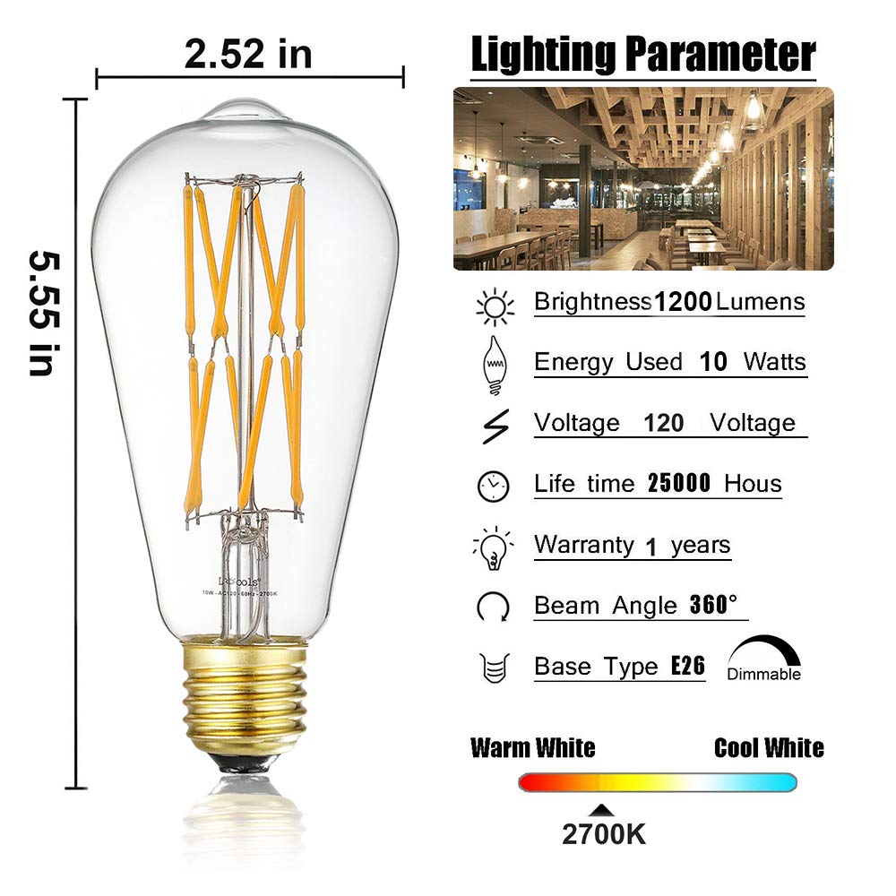 Leools Vintage 10W LED Edison Bulb, Dimmable, 100W Equivalent, Clear Glass, Warm White 2700K, 4 Count Pack