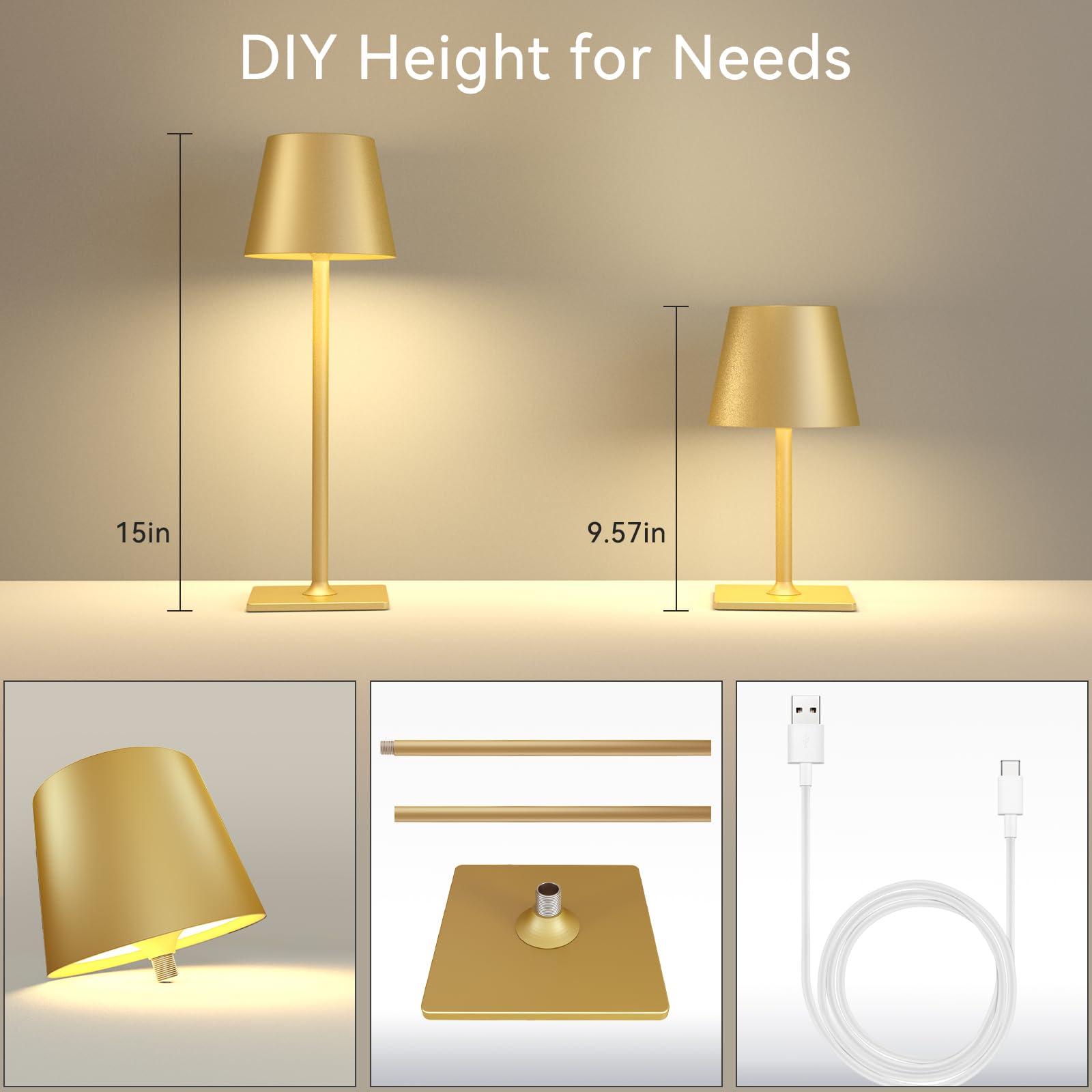 Yogaret 4 Pack Gold Rechargeable Led Cordless Table Lamps,Cordless Lamp With 6000Mah Battery Operated,Wireless Lamp For Restaura