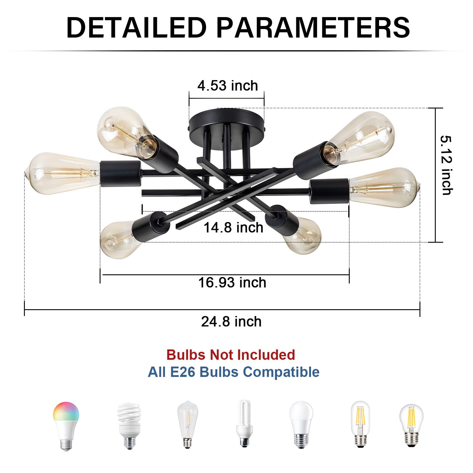 Brknit 6-Light Sputnik Chandelier - Modern Semi Flush Mount Ceiling Light For Kitchen & Living Room