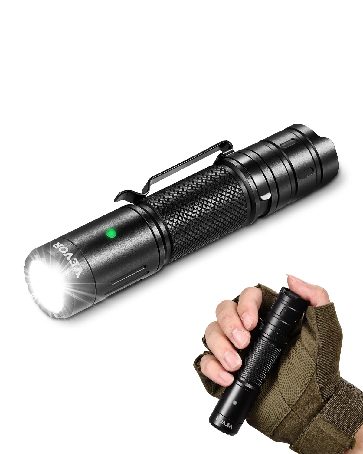 VEVOR Rechargeable Flashlight, LED, 6 Lighting Modes, IP66 Waterproof, Lightweight, Portable, Black, Model C3