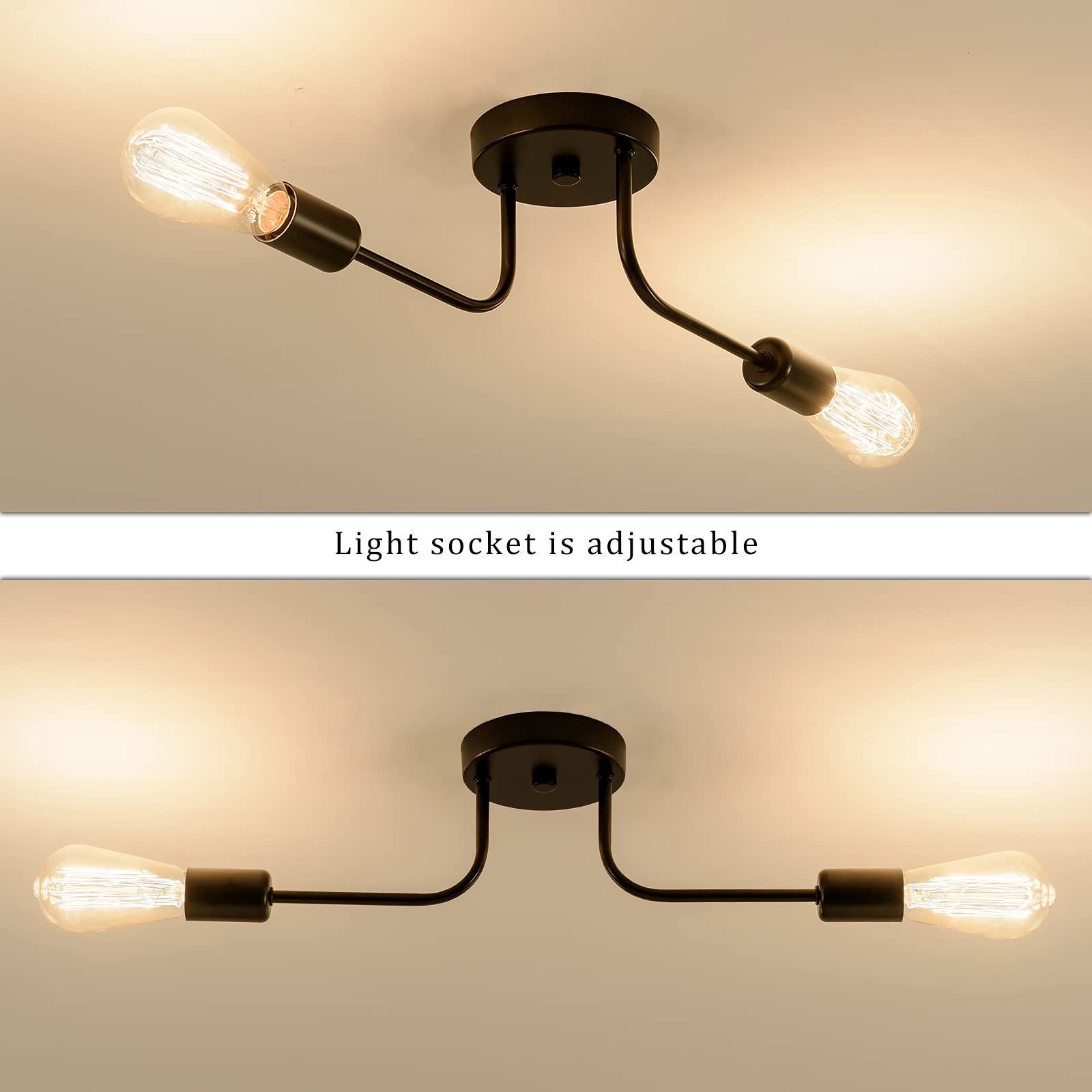 Industrial Semi Flush Mount Ceiling 2 Light With Adjustable Metal Branched Vintage Ceiling Light E26 Holder Black Painted For Ki