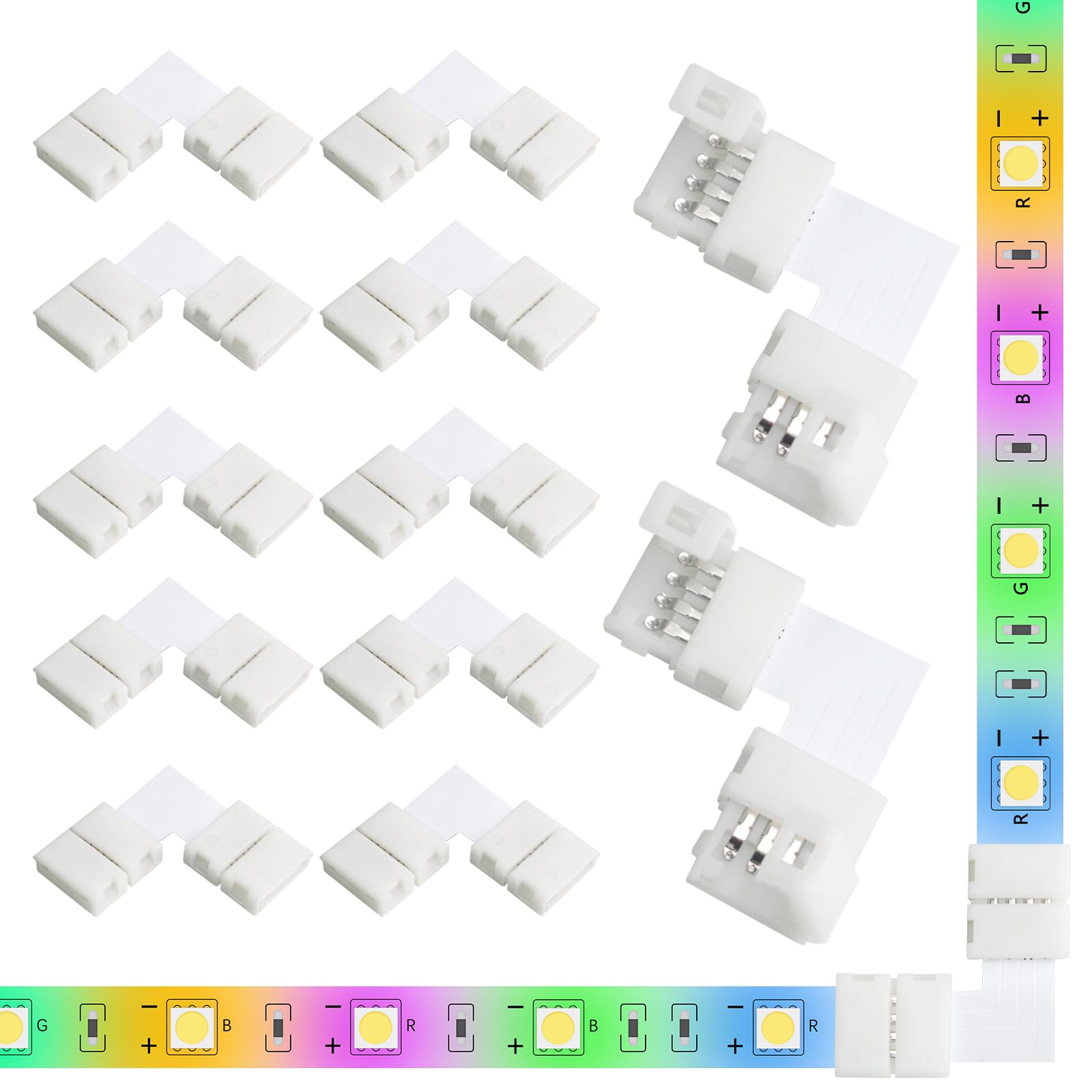 10Pack L-Shaped 4-Pin 8Mm Led Strip Lights Connectors - Solderless, Extendable Terminal Adapters For Smd 2835 & 3528 Rgb Led Str