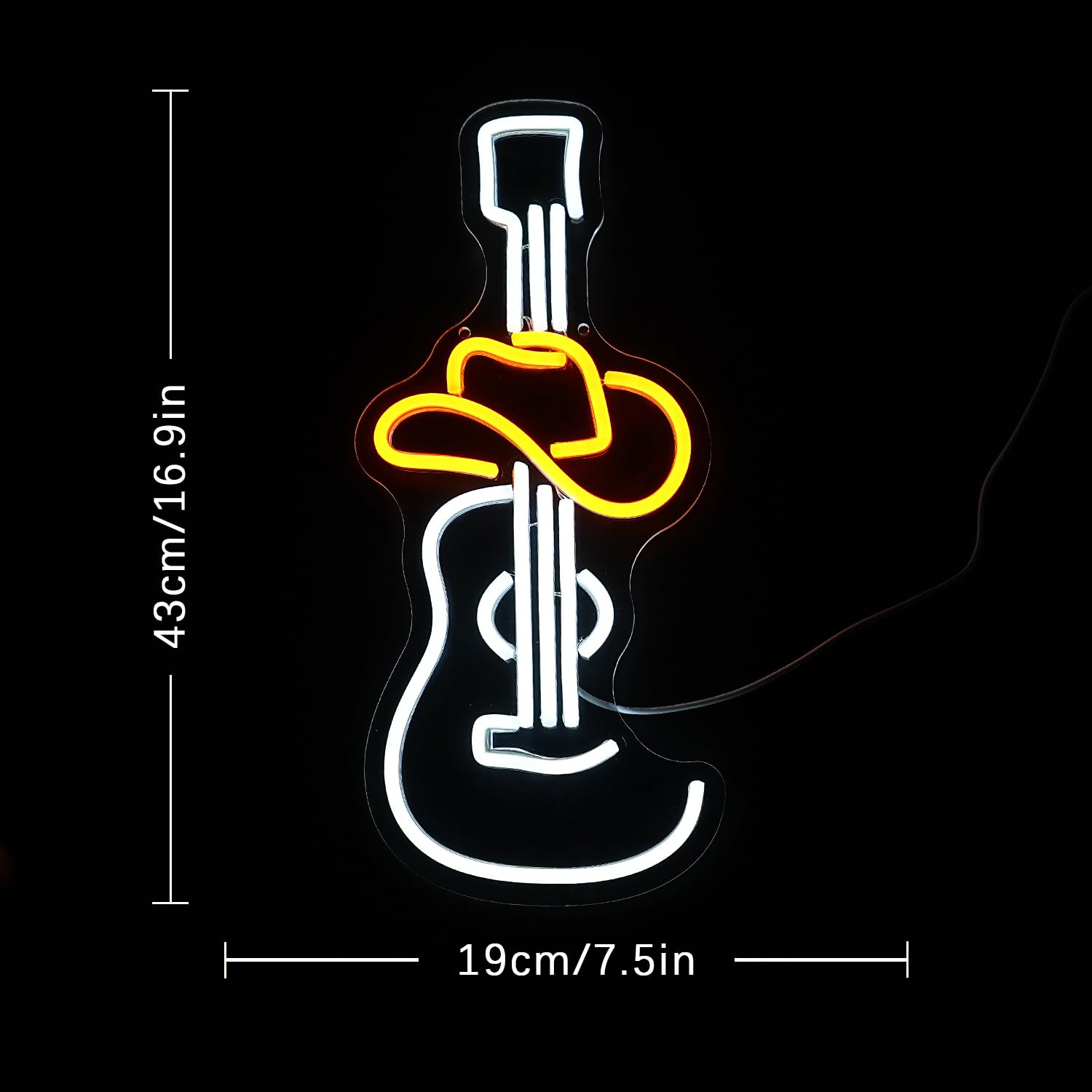 LULANMP Cowboy Hat Guitar Neon Sign, White LED Wall Decor, Size 16.9inx7.4in, Yellow Hat, Plastic Material