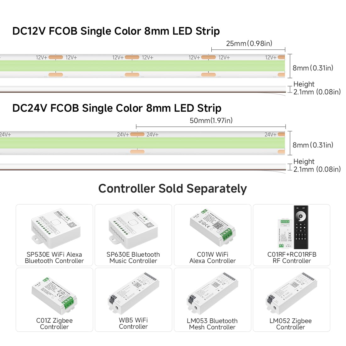 Btf-Lighting Fcob Ip65 Ice Blue Color Cob Led Strip 16.4Ft Dc24V 480Led/M 8Mm Width Flexible High Density Cri 90+ Dimmable Led Light For Home Indoor Decor(No Controller Or Adapter)