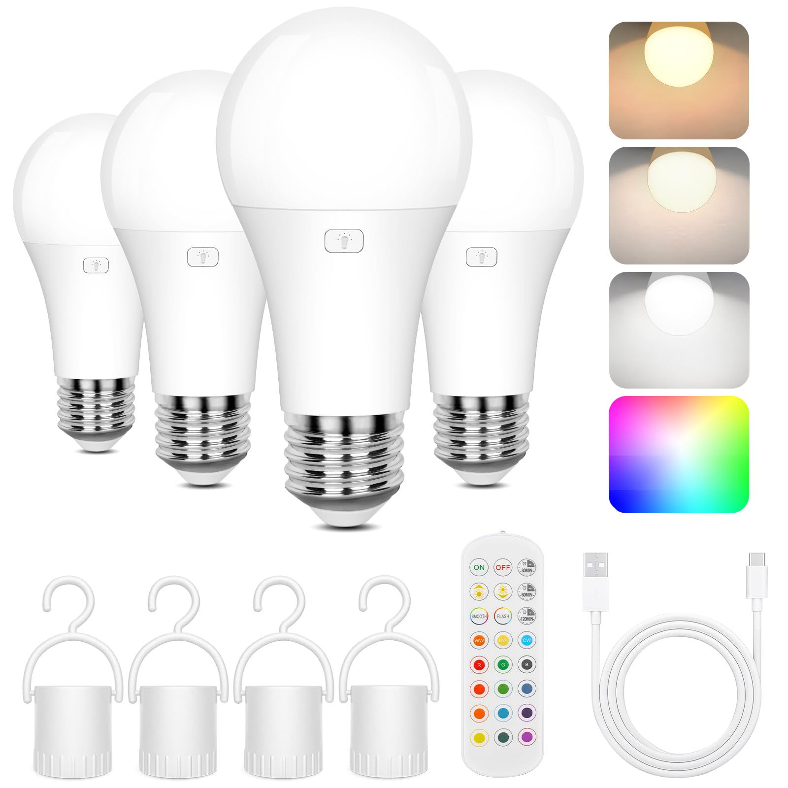 Rechargeable Battery Operated A19 Light Bulb With Remote Control 4 Packs, Dimmable Detachable Led Bulb With 15 Colors Selectable