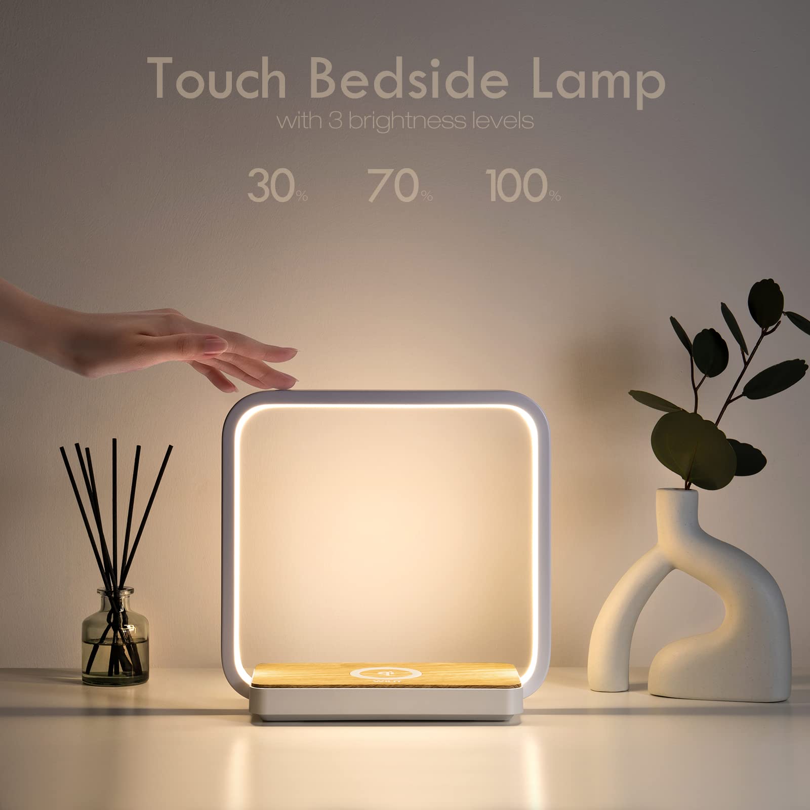 WILIT A13 Bedside Lamp with Qi Wireless Charger, 3-Step Dimmable Touch Control, White Metal for Living Room, Bedroom, Kids Room