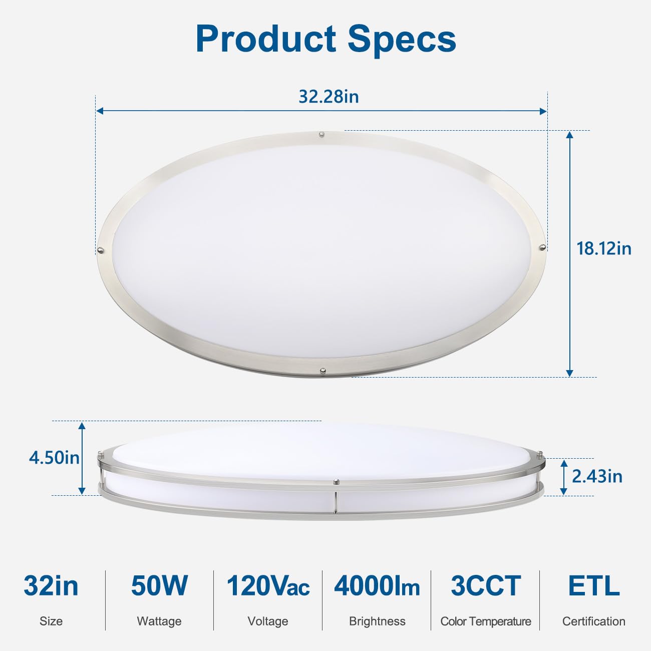 Dakason 32In Oval Led Flush Mount Light For Kitchen/Living Room, 50W Large Led Ceiling Light Fixture, 3500K/4000K/5000K Adjustab