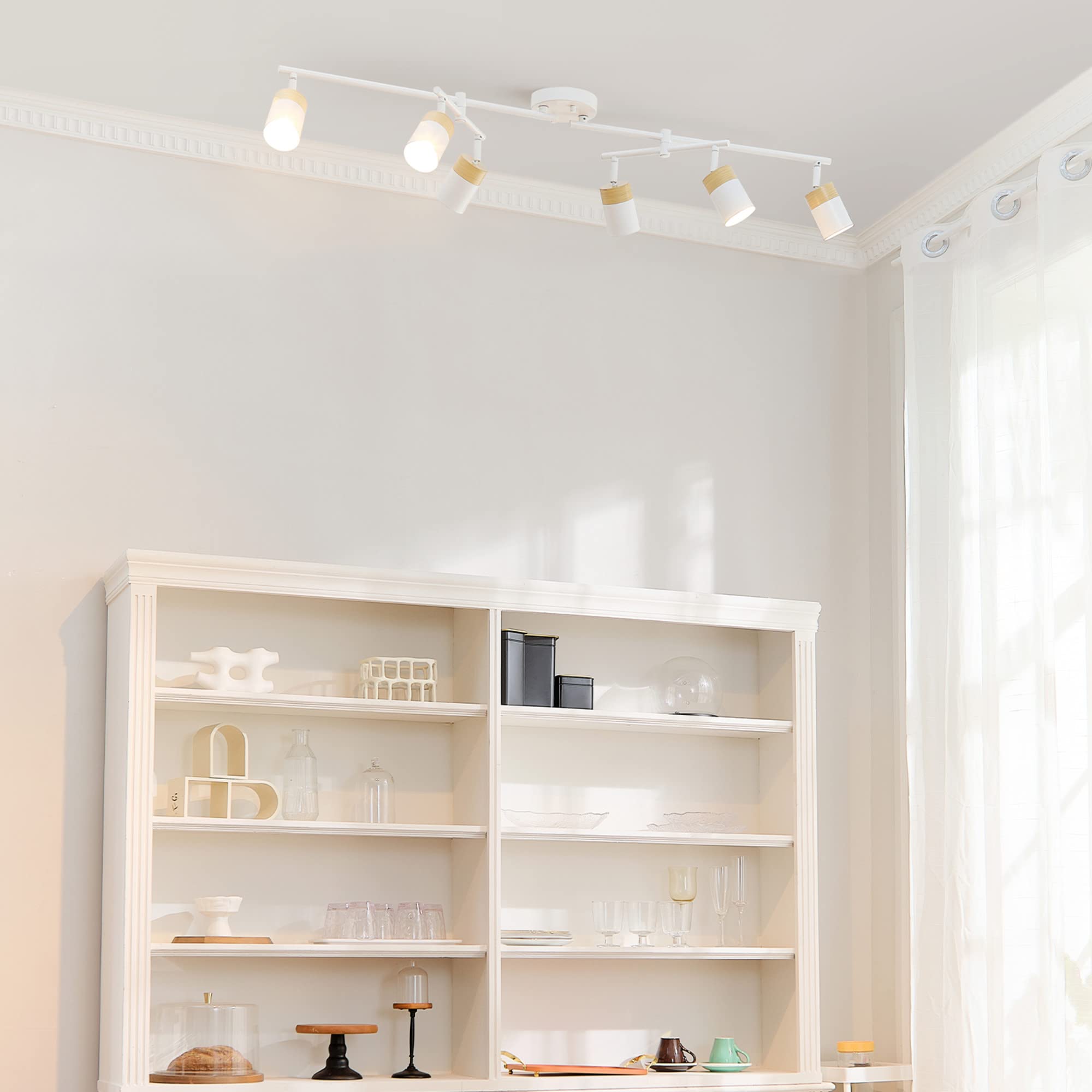 Globe Electric 64000055 42" 6-Light Track Lighting, Matte White with Wood Accents, Pivot Shades, GU10 Sockets, Ideal for Kitchen