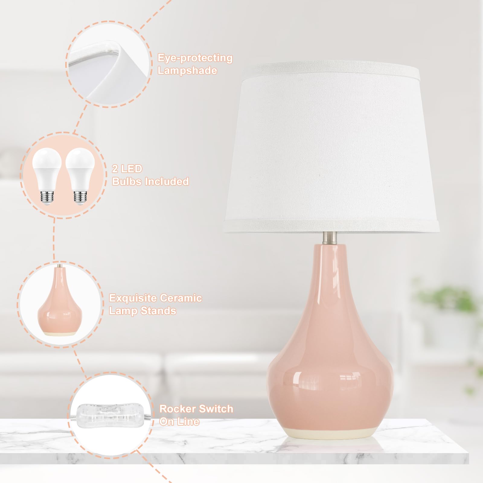 Seealle Modern Pink Table Lamps Set of 2 - 19.4" Bedside Lamps for Girls Room with Rocker Switch
