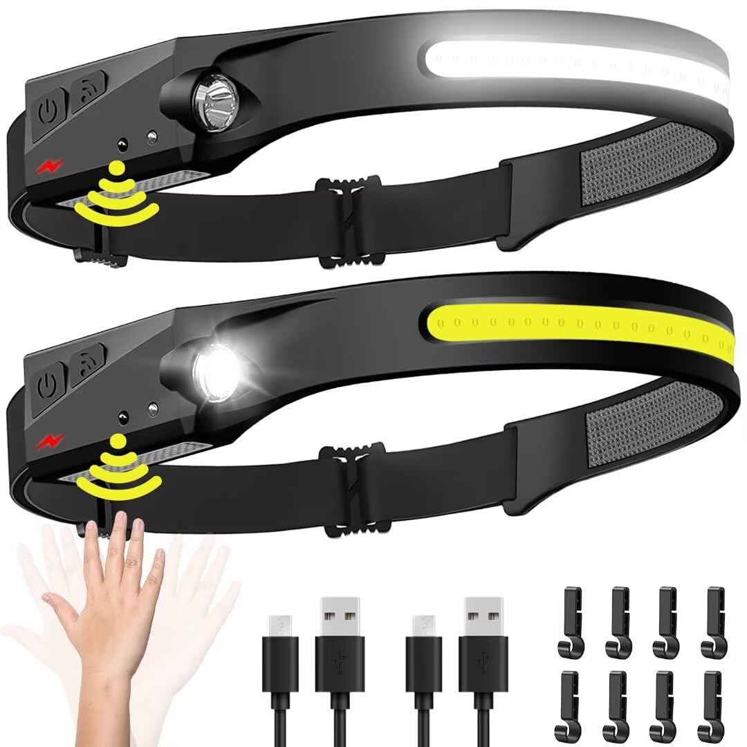 Biat Rechargeable Headlamp 2-Pack, 230° Wide Beam Led, Motion Sensor, Waterproof For Camping & Hiking