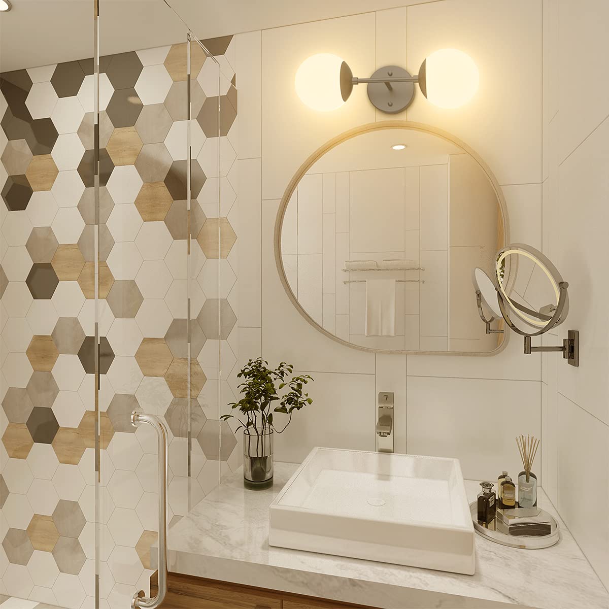 Tipace Black Wall Sconce, Modern Globe Design, 2 Lights, enhanced Glass, 3000K, Model 020