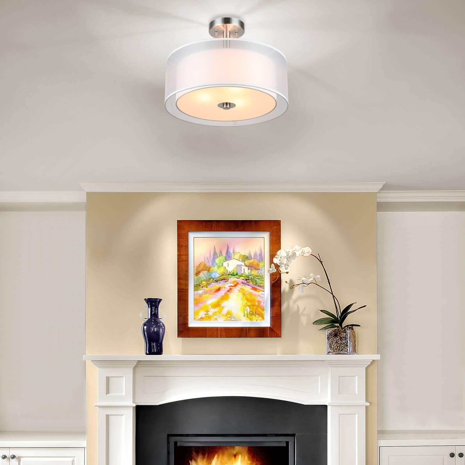 Xinbei Lighting Semi Flush Mount Ceiling Light, 3 Light Close To Ceiling Light With Fabric Shade, 16'' Drum Semi Flush Ceiling L