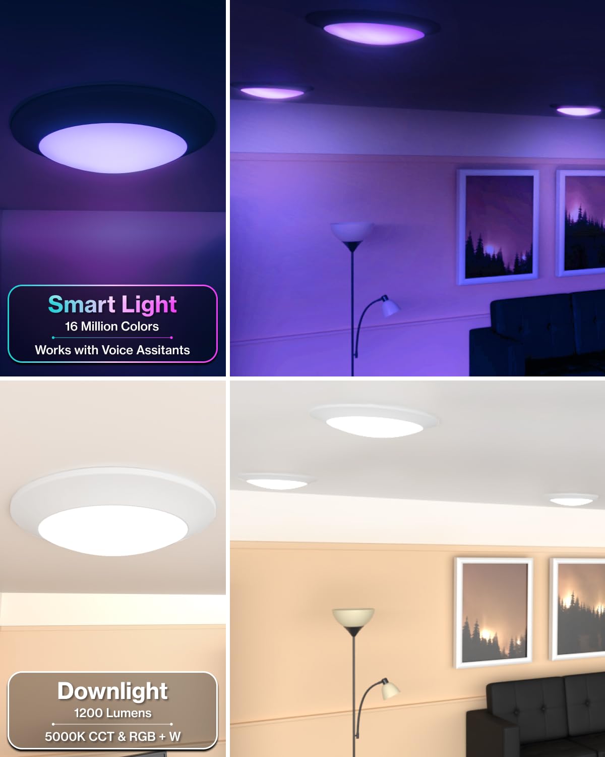 Sunco 5/6 Inch Smart Disk LED Flush Mount Light, Dimmable RGB+5000K, 1200 LM, App Controlled, ETL Certified, 4 Pack, Multicolor