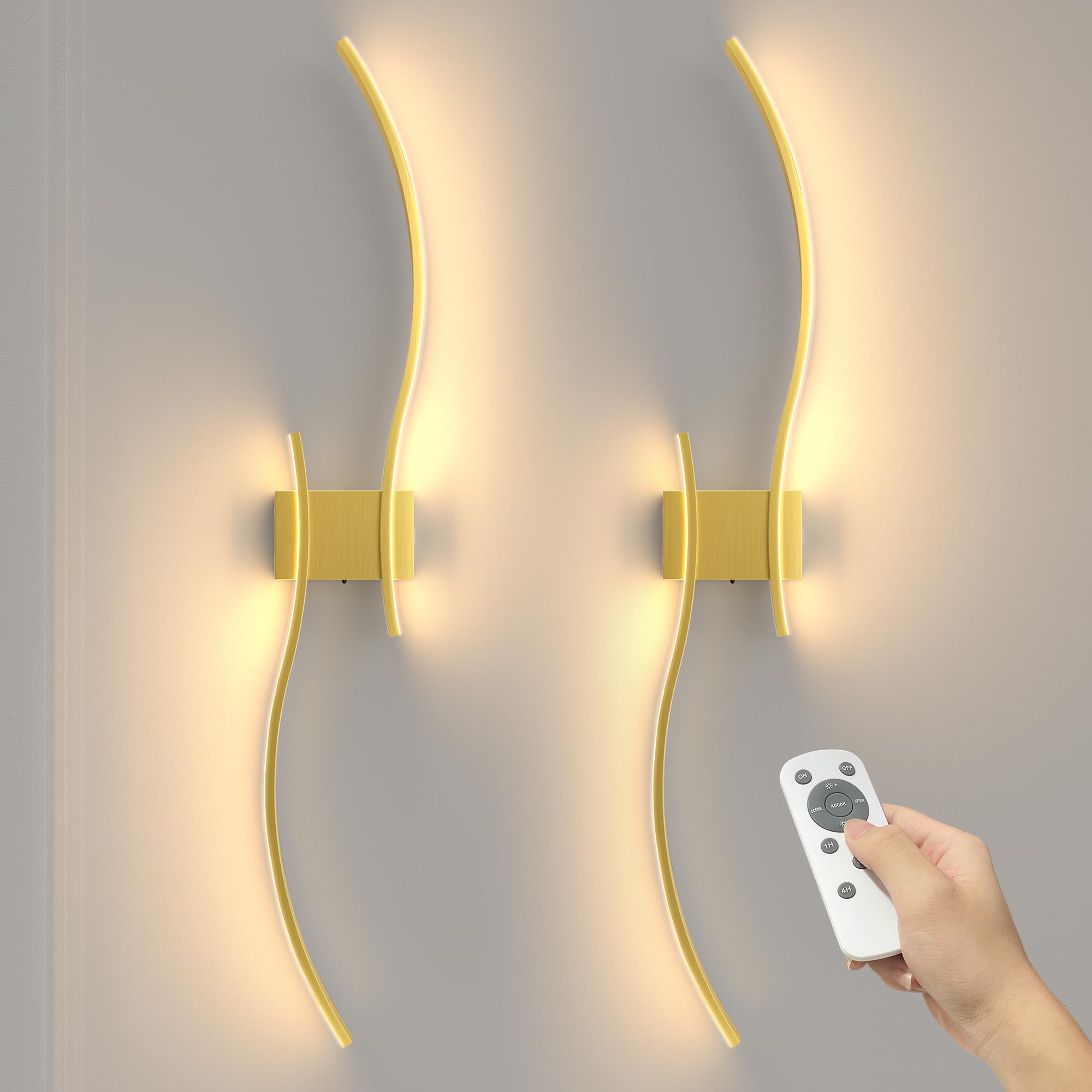 NIORSUN 39.4 Inch Battery Operated Wall Sconce Set of 2  Gold Modern Rechargeable Wall Lights with Remote  3CCT Dimmable Wireless Wall Lamp for Living Room Bedroom Hallway