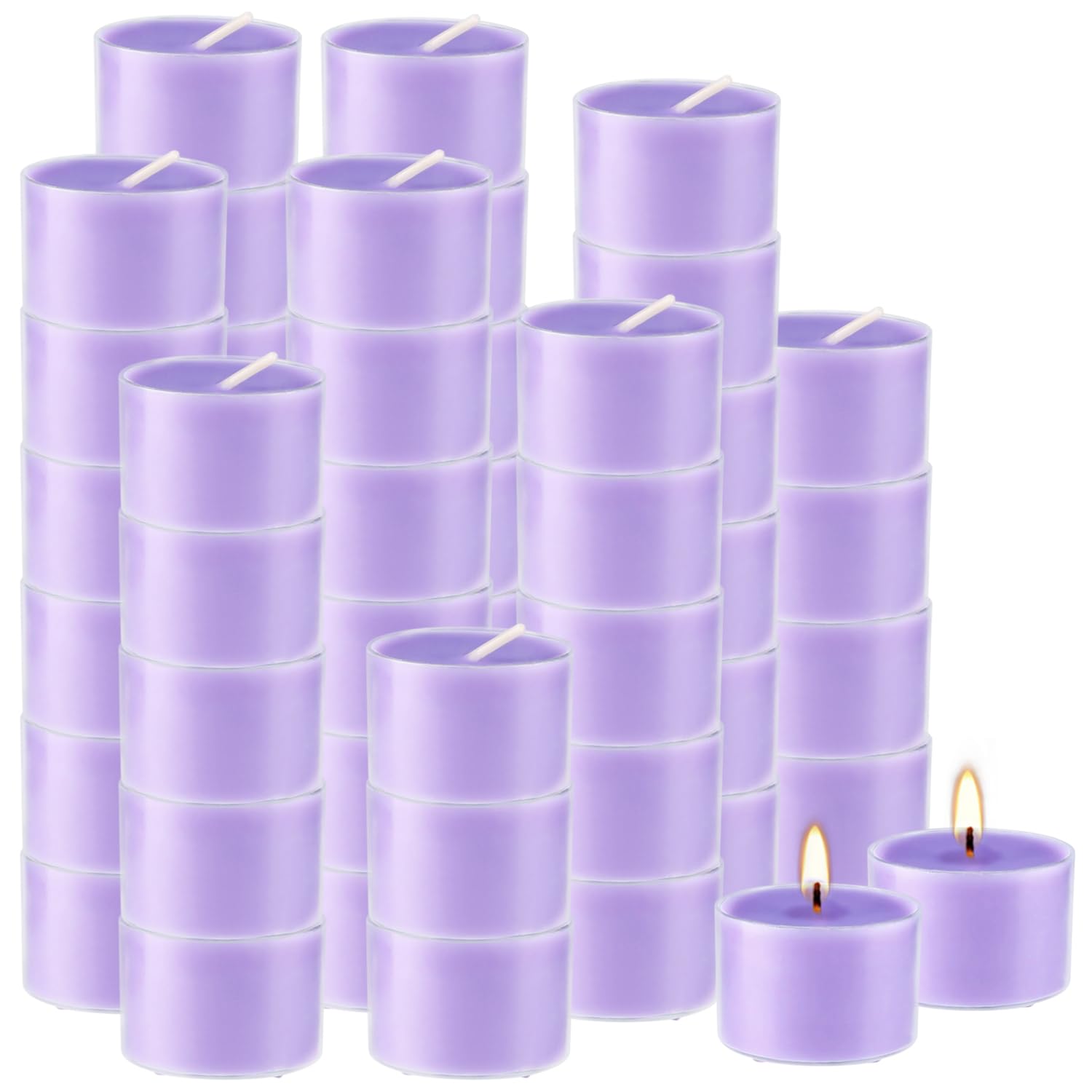 Wfmolcand Lavender Scented Tealight Candles, 50 Pack, Purple Wax, 8 Hour Burn Time, Clear Cup, Ideal for Weddings and Events