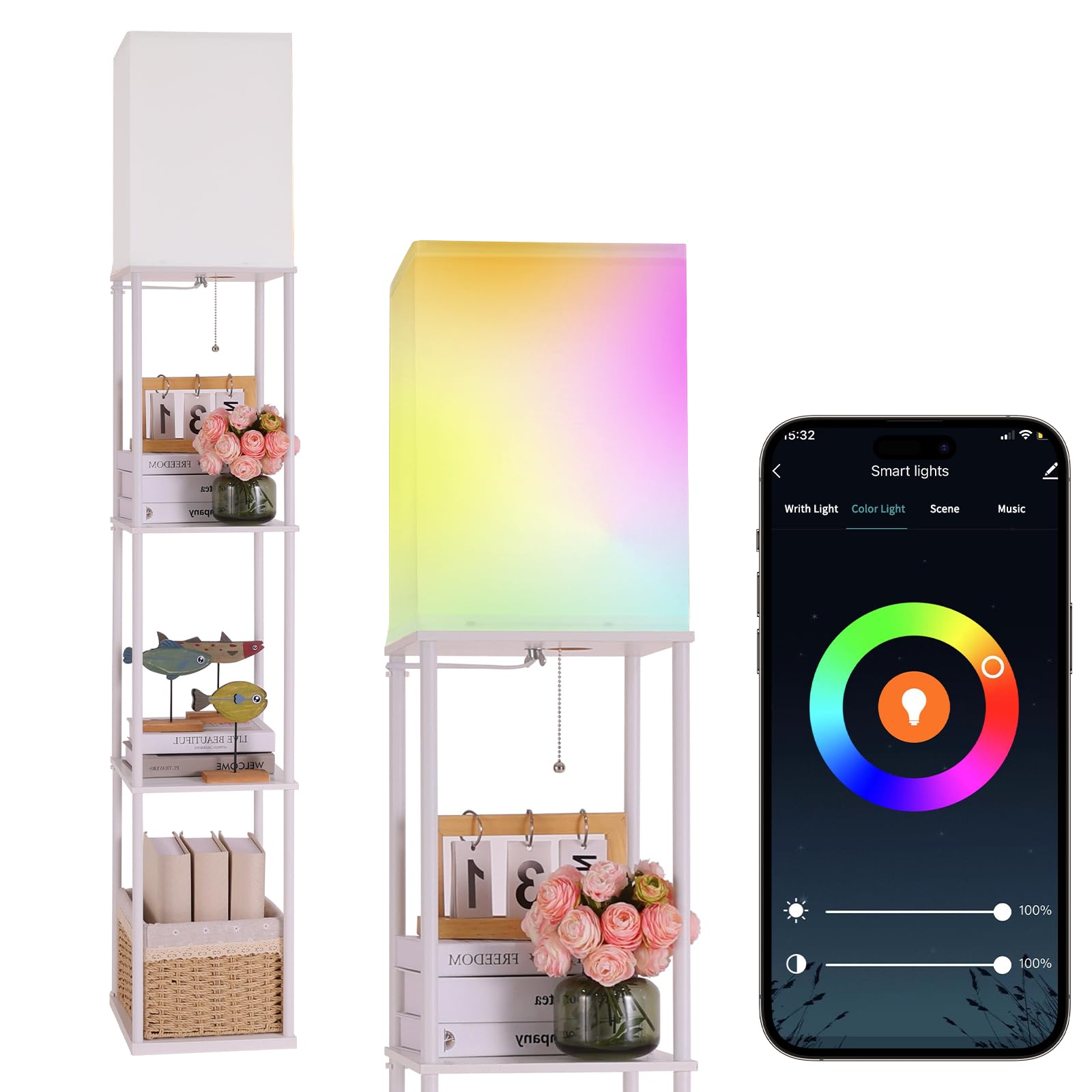 Gupuzm Floor Lamp with Shelves  with Modern Square Standing Lamp with Smart APP Control RGB Bulb  Corner Display Bookshelf Lamp for Living Room  Bedroom and Office (White-9RGB)