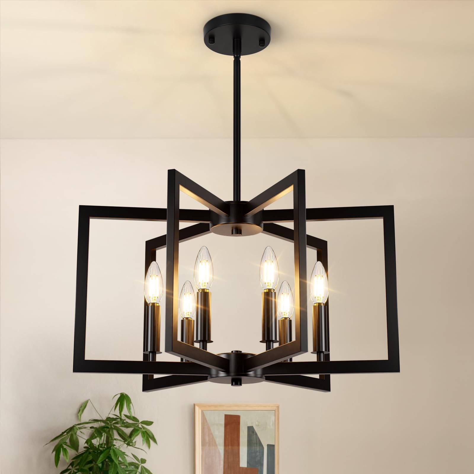 6-Light Black Chandelier, Farmhouse Dining Room Light Fixture, Large Modern Chandelier, Geometric Industrial Metal Hang Lighting