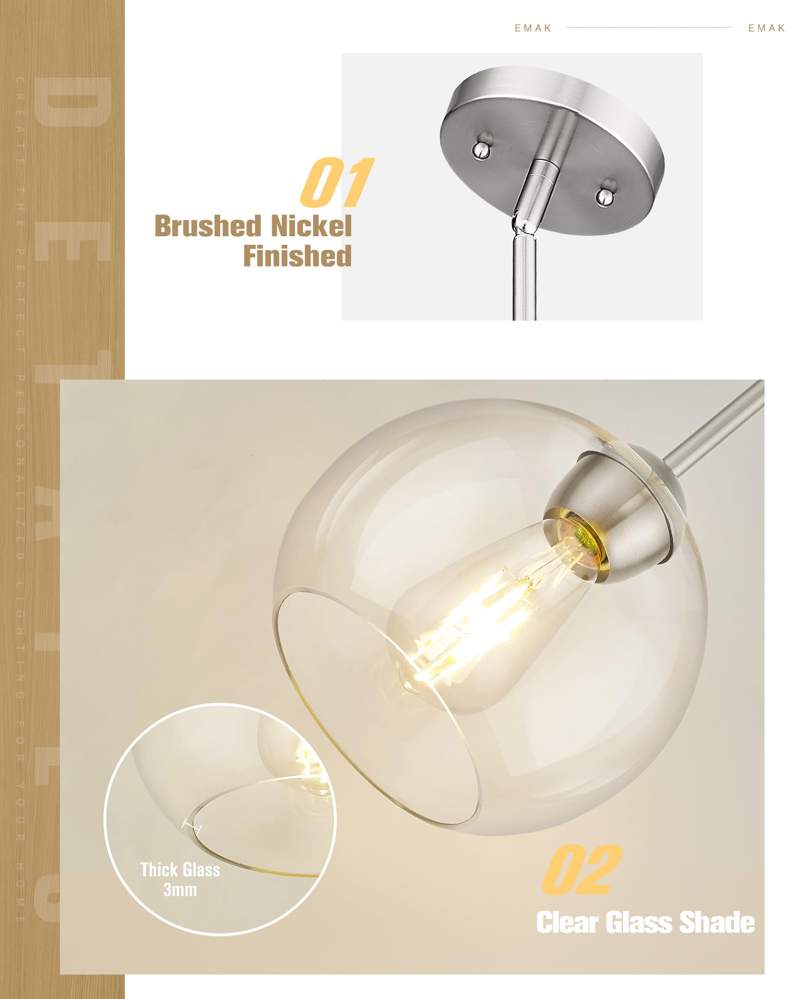 Emak 2 Pack Brushed Nickel Pendant Lights Kitchen Island, 8 Inch Globe Pendant Lighting With Clear Glass Shade, Modern Hanging L