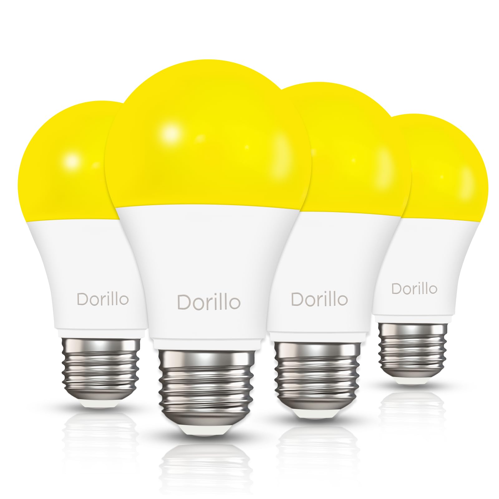 Dorillo A19 LED Yellow Bug Light Bulbs, 8.5W, 60W Equivalent, 2400K Amber Glow, E26 Base, 4-Pack