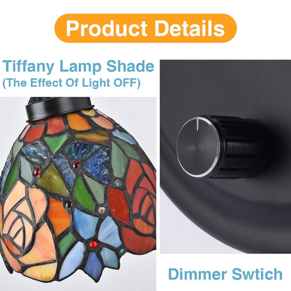Dengmall Tiffany Rose Wall Mount Lamp, Dimmable Vintage Gooseneck Sconce For Bedroom & Living Room