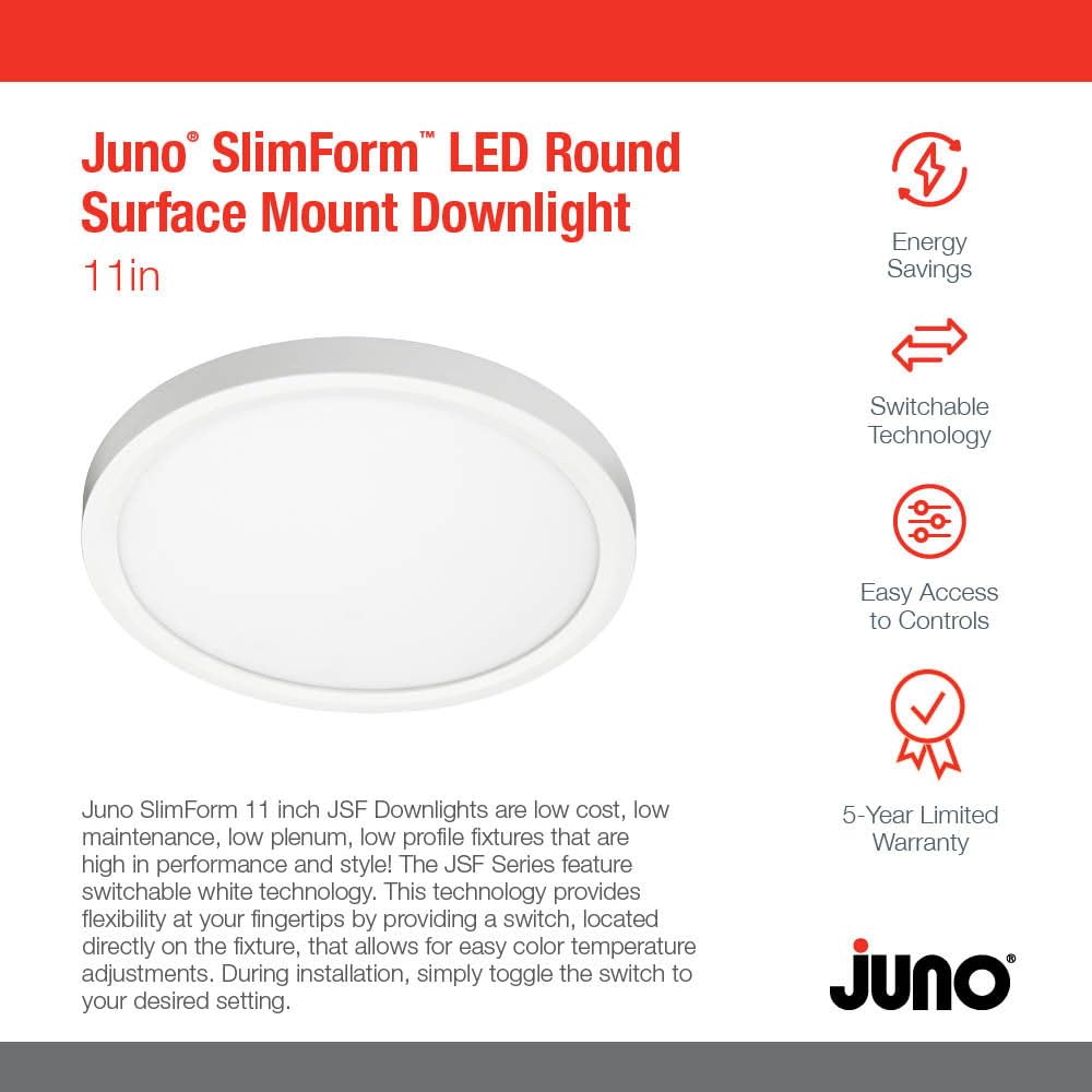 Juno SlimForm LED Downlight, 11 Inch, White, Switchable Color Temp, Aluminum, Model JSF 11IN 13LM SWW5 90CRI 120 FRPC WH