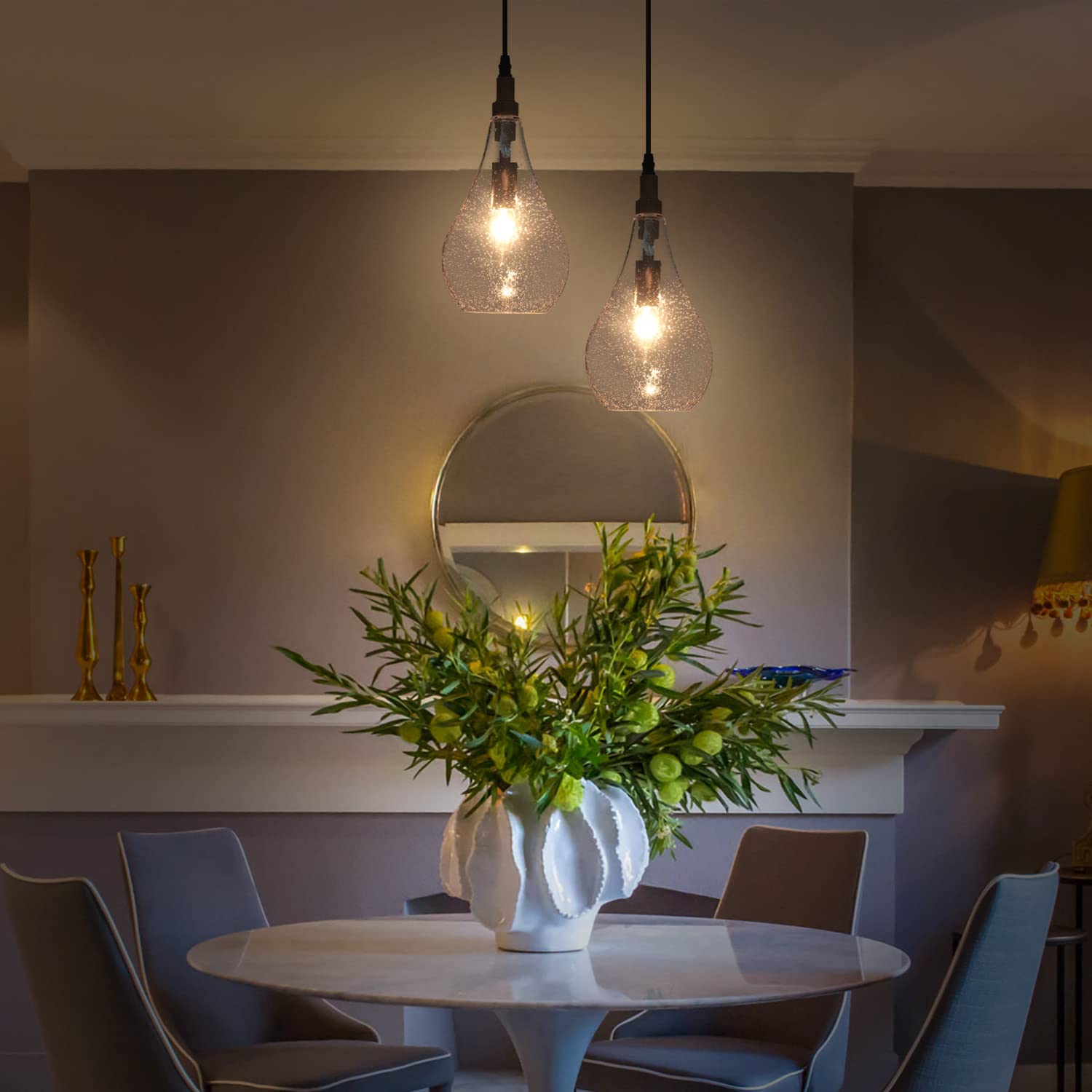 Elyccupa Farmhouse Wood Bubble Seeded Glass Pendant Light Adjustable Industrial Pendant Lighting Fixtures For Kitchen Island Din