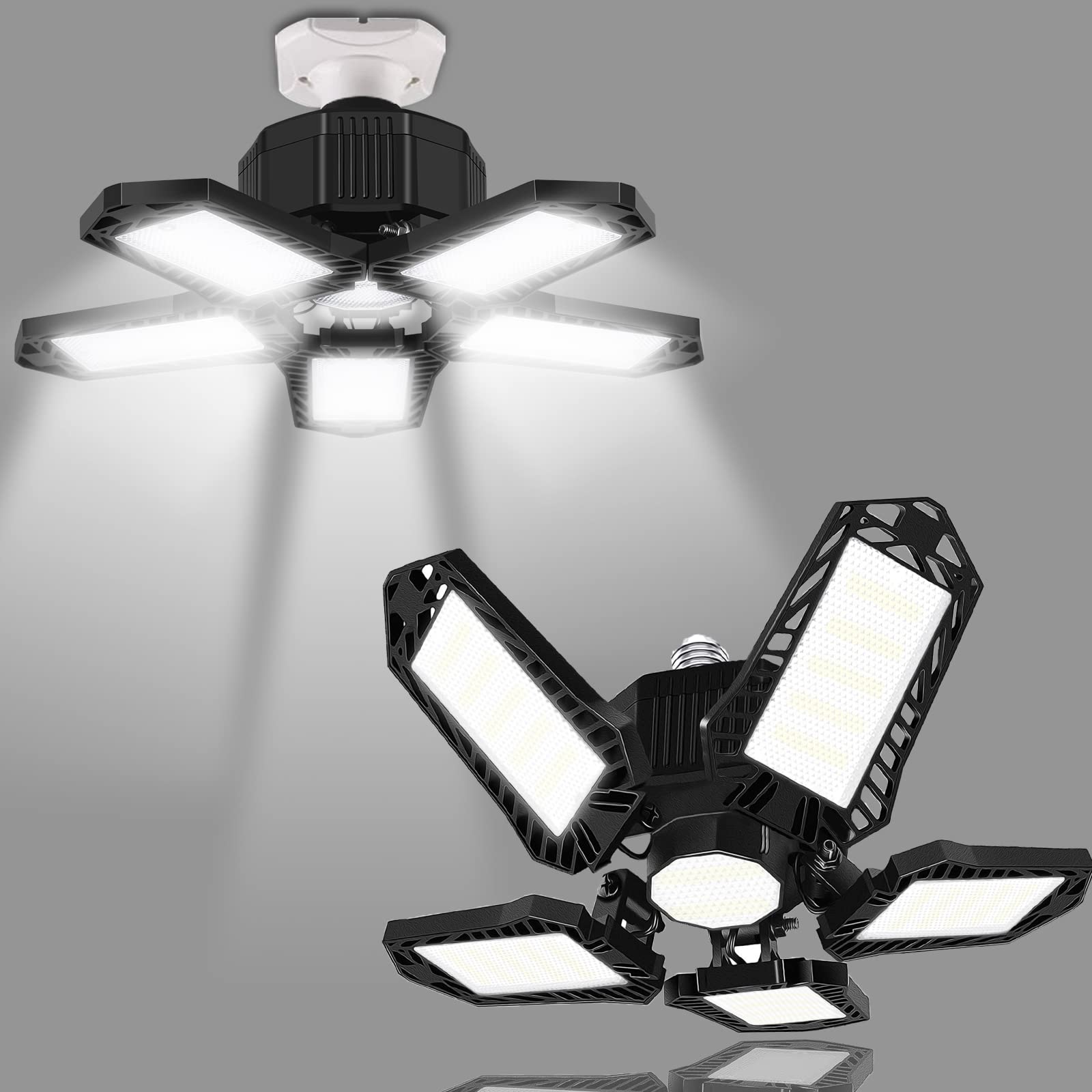 Brainiac 100W Led Garage Light - Super Bright Deformable Fixture With 5 Panels - 2 Pack